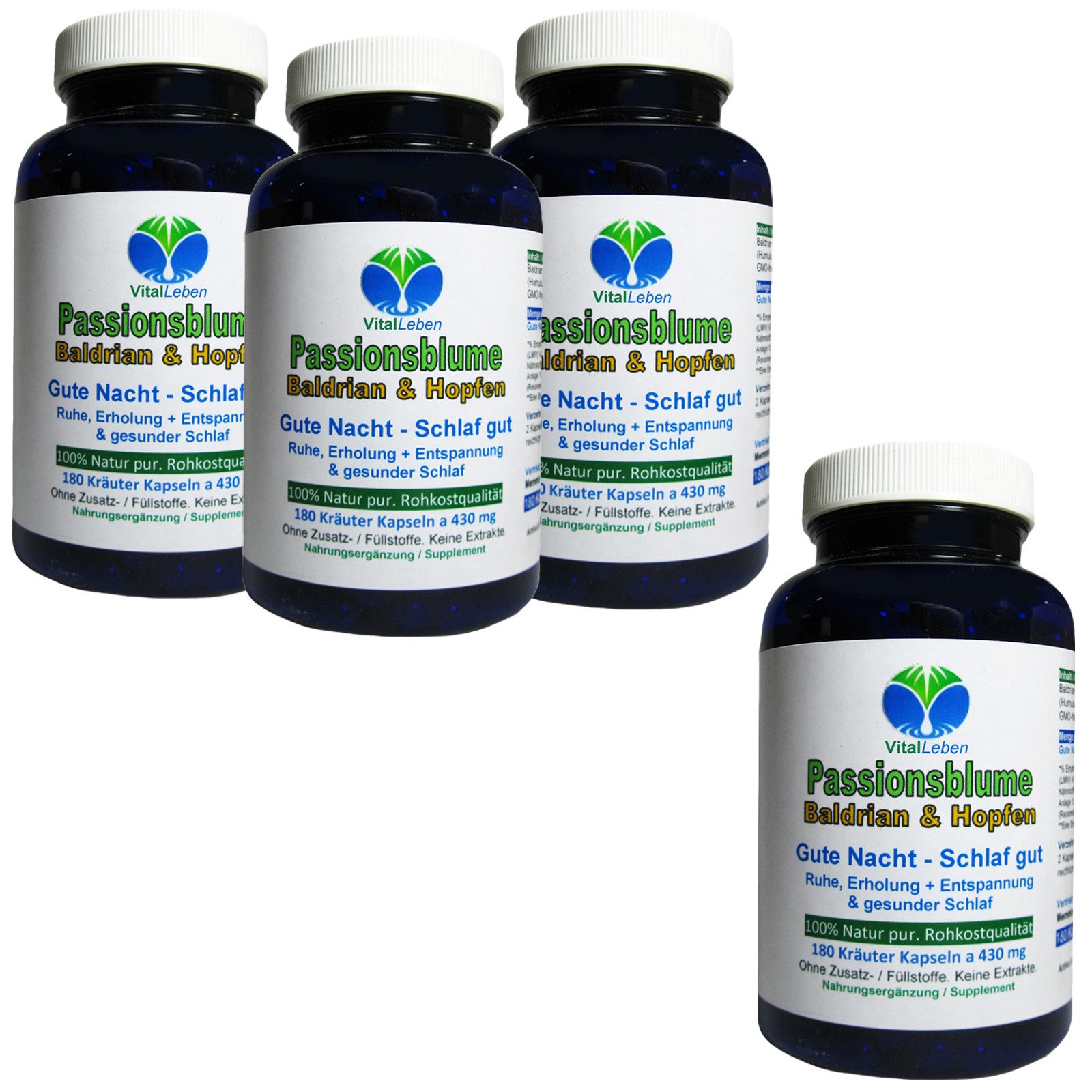 VitalLeben Baldrian Hopfen Passionsblume Pflanzen-Komplex für die Abendruhe Kapseln, 4 er Dose à 180 St., 309.6 g, Art. 26690-720