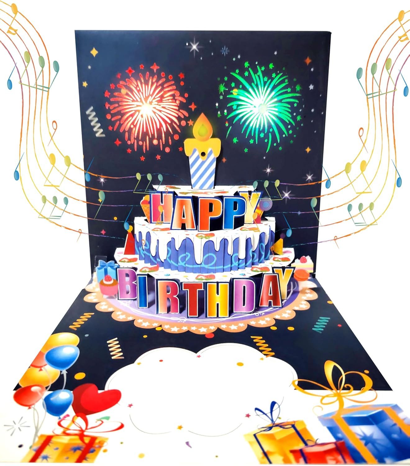 Grußkarten Geburtstagskarte 3D-Pop-Up-Feuerwerk Kuchen variable Lichter und Musik