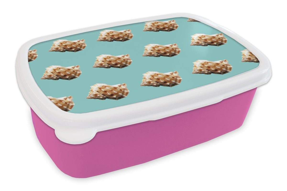 MuchoWow Lunchbox Muscheln - Muster - Grün, Kunststoff, (2-tlg), Brotbox für Erwachsene, Brotdose Kinder, Snackbox, Mädchen, Kunststoff rosa