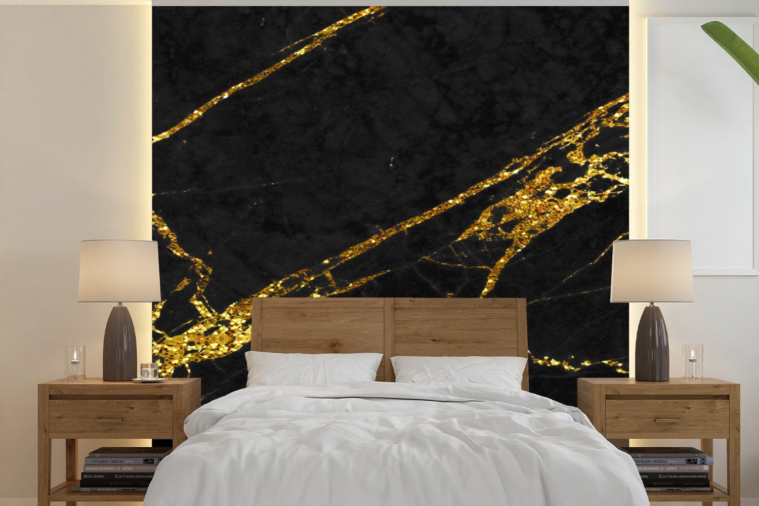MuchoWow Fototapete Marmor - Gold - Schwarz - Muster, Matt, bedruckt, (4 St), Vliestapete für Wohnzimmer Schlafzimmer Küche, Fototapete