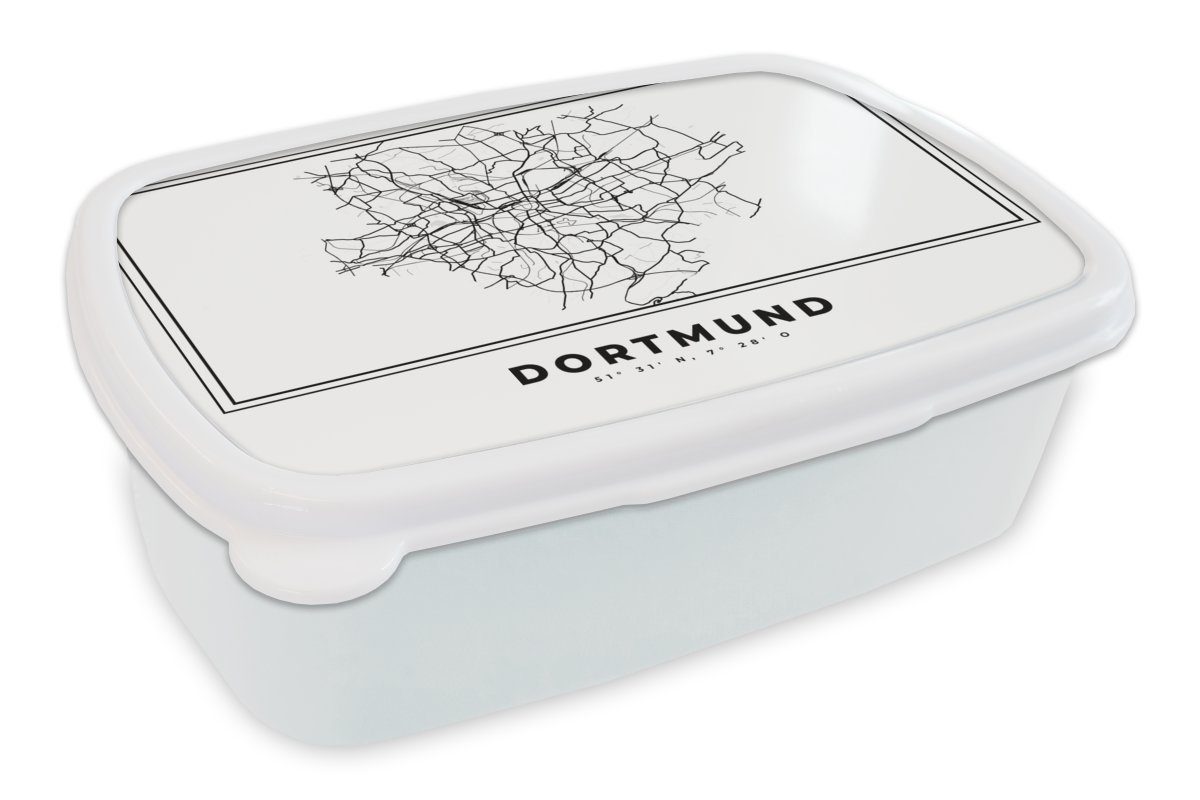 MuchoWow Lunchbox Stadtplan - Deutschland - Schwarz und weiß - Dortmund - Karte, Kunststoff, (2-tlg), Brotbox für Kinder und Erwachsene, Brotdose, für Jungs und Mädchen