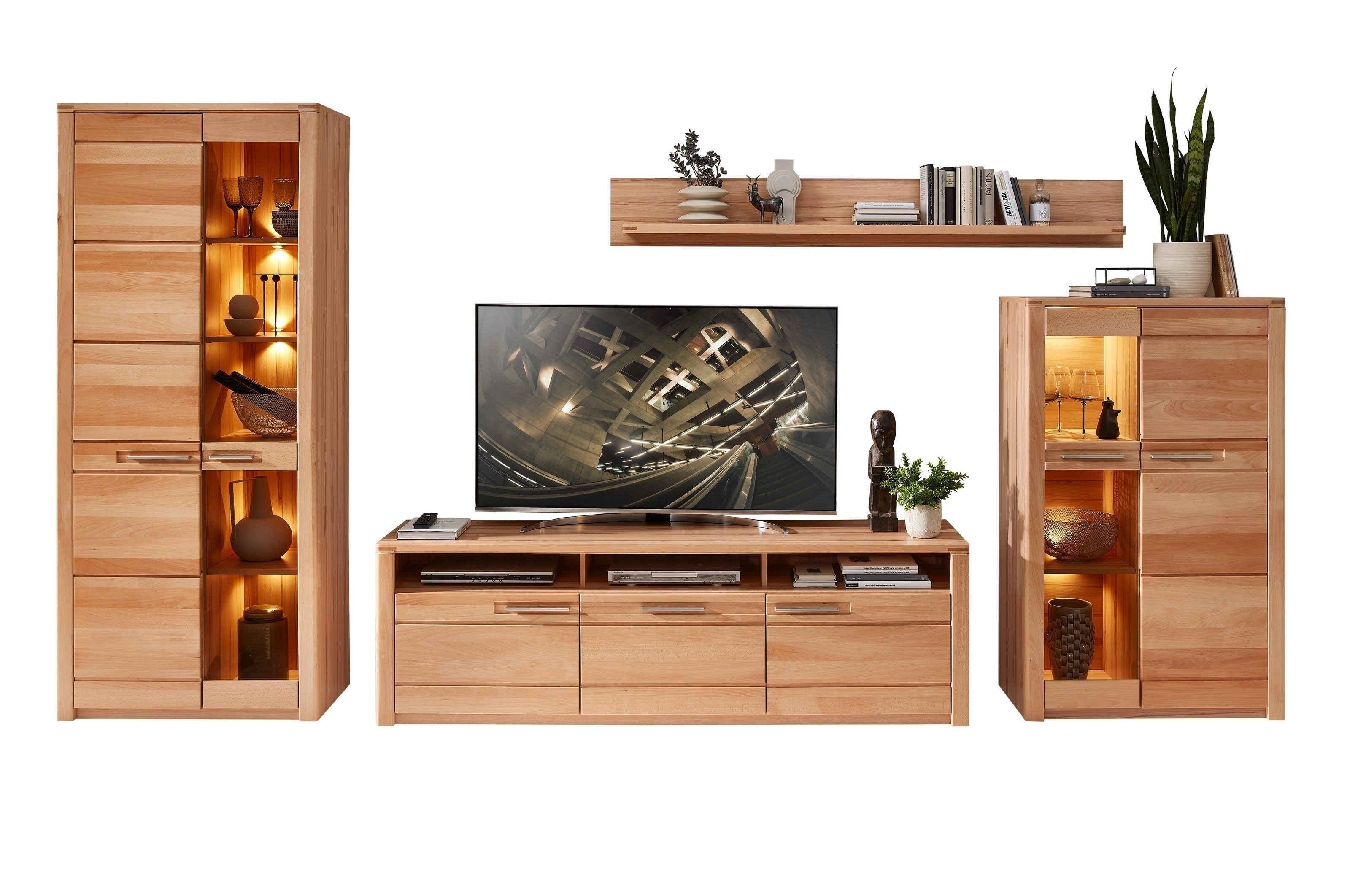 freiraum Wohnwand Nature One, 4-teilig, mit LED, FSC, in Kernbuche teimassiv - 390x203x45cm (B/H/T)