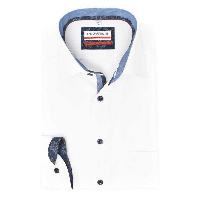 MARVELIS Businesshemd Businesshemd - Modern Fit - Langarm - Einfarbig - Weiß mit Kontrastknöpfen und Besatz