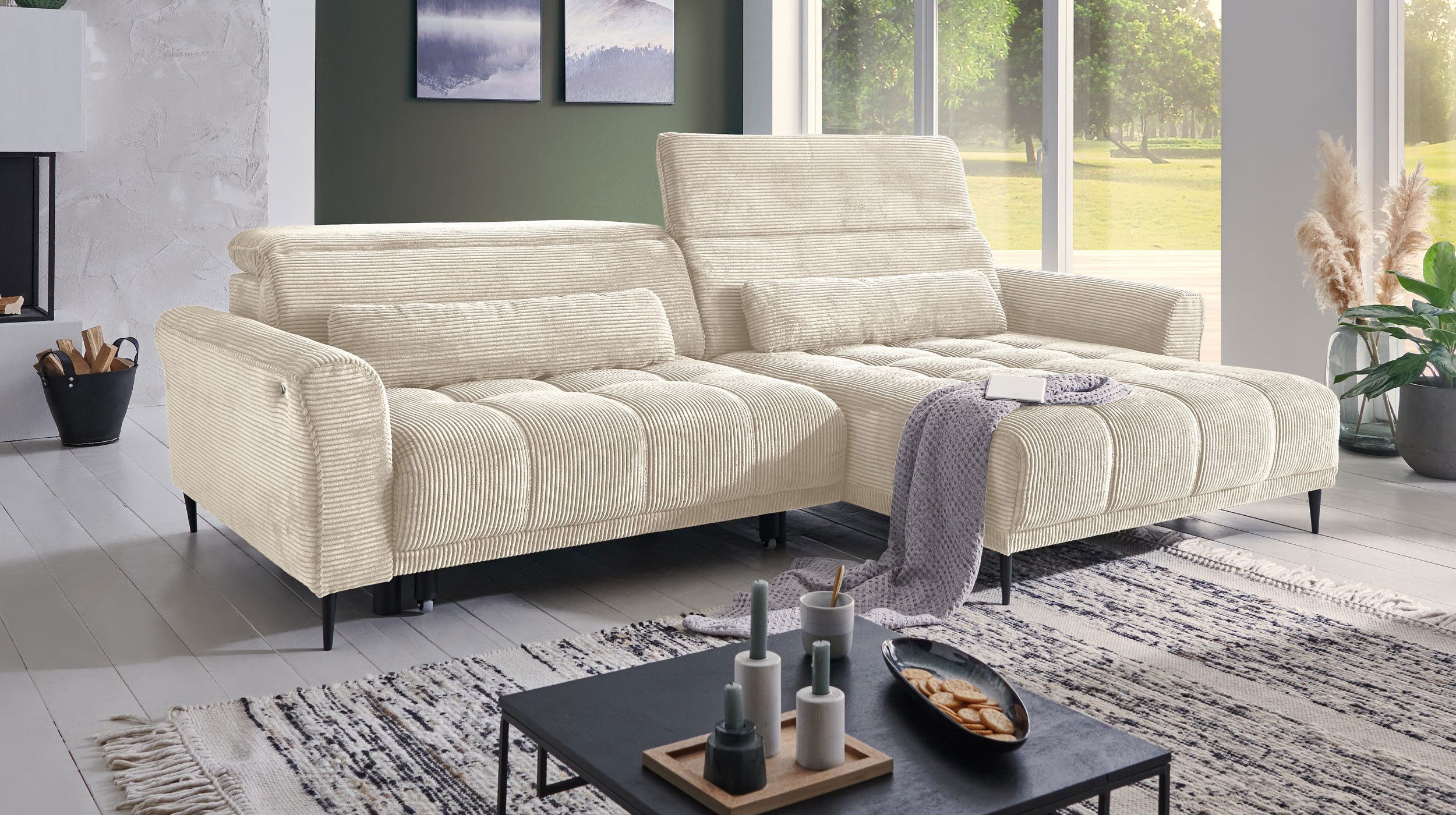 Massivart® Ecksofa Cord 277 cm / Cordsofa LOGAN / Sitztiefenverstellung / Nosagfederung, Kopfteilverstellung · Rücken echt bezogen · 2 Nierenkissen