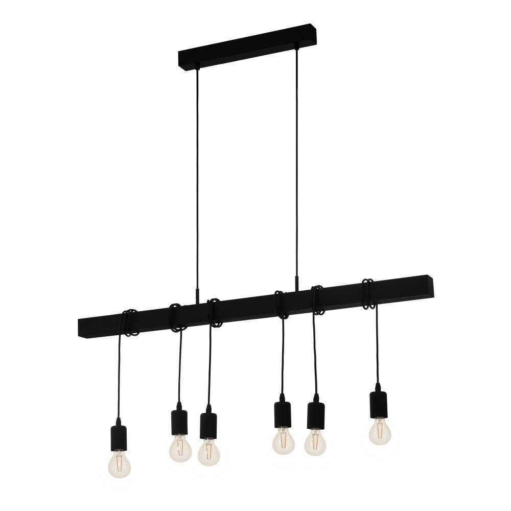 EGLO Hängeleuchte TOWNSHEND Hängelampe Vintage, Holz und Stahl, IP20, E27, Pendellampe, ohne Leuchtmittel, Hängeleuchte, Esszimmer, L100 x B10 x H110 cm, schwarz, 6X40W exkl.