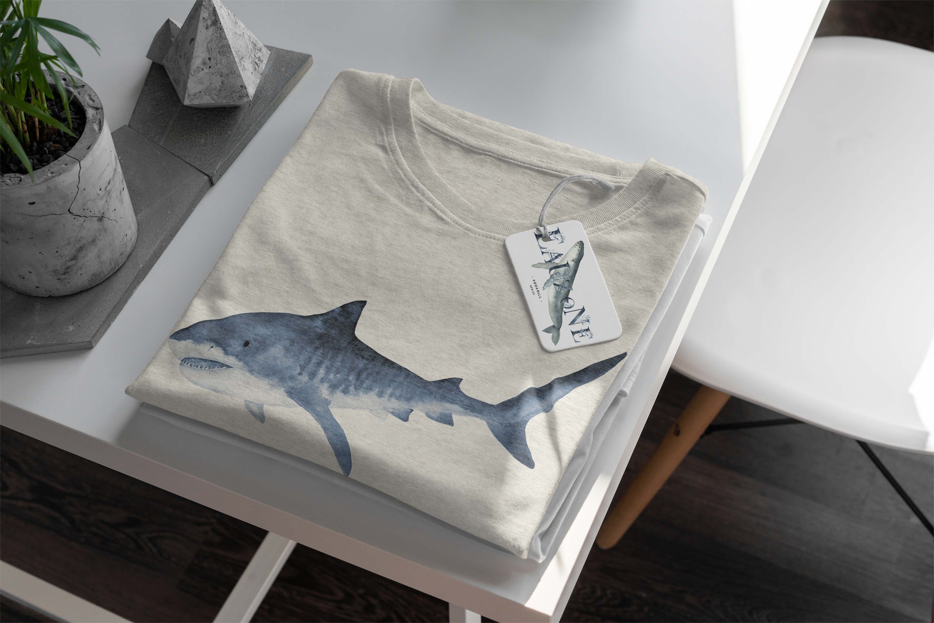gekämmte Shirt aus Sinus Motiv Herren erne 100% T-Shirt T-Shirt Hai (1-tlg) Ökomode Nachhaltig Wasserfarben Bio-Baumwolle Art