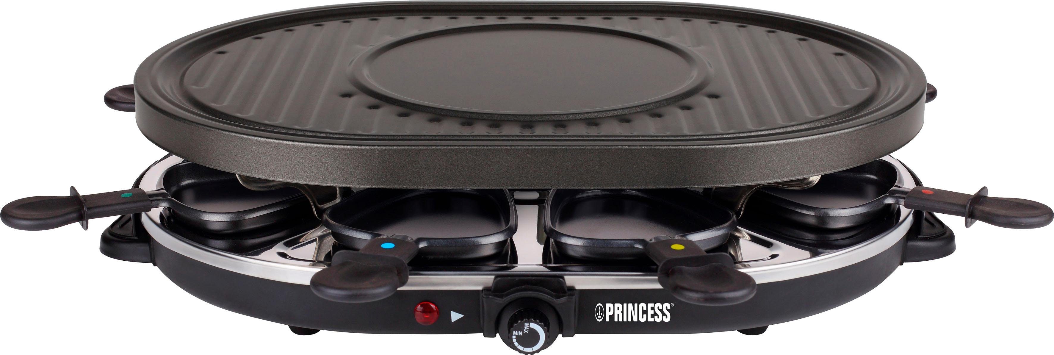 PRINCESS Raclette 162700 - Oval - 8 Pfannen, 8 Raclettepfännchen, 1200 W, Multifunktionale Platte, inklusive 8 Pfännchen und 8 Holzschabern