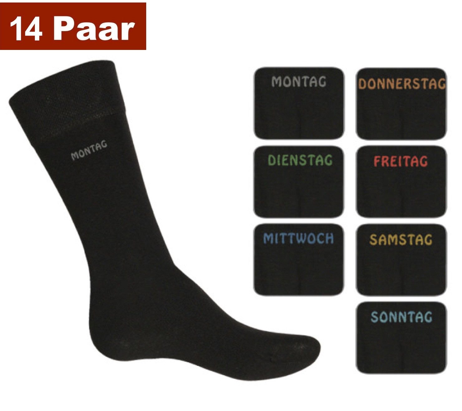 Cocain underwear Freizeitsocken Damen Herren Socken schwarz Wochentag Montag Sonntag 7 Tage Baumwolle (14-Paar) hoher Baumwollanteil