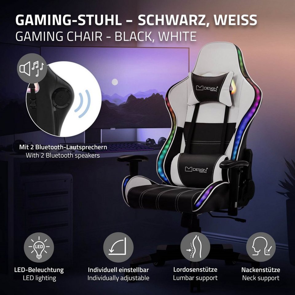ML-DESIGN Gaming-Stuhl Bürostuhl Racing Gamer Stuhl, RGB LED-Beleuchtung  Bluetooth-Lautsprechern Weiß Kunstleder Kopfstütze