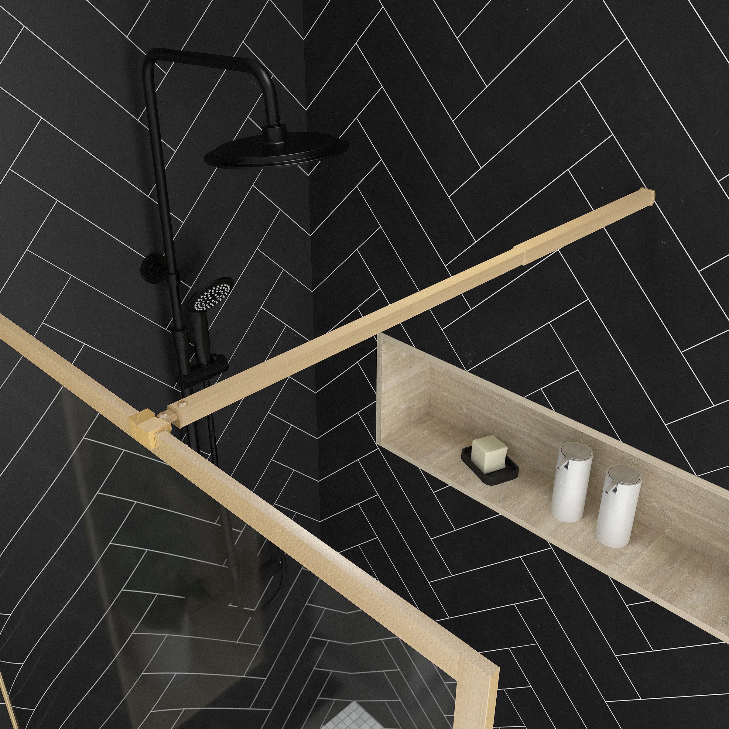 Marwell Walk-in-Dusche Golden Frame, Einscheibensicherheitsglas, mit ausziehbarem Haltearm, Aluminiumrahmen in gebürsteter Optik