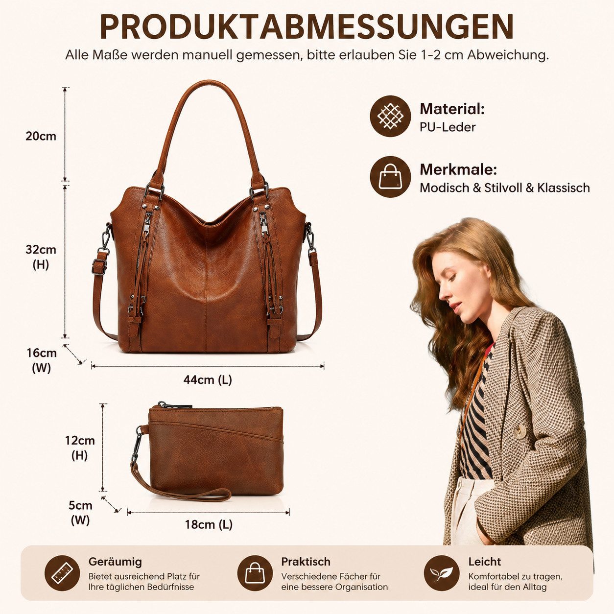 Toomoke Handtasche Damen Schultertasche Groß Shopper Vegan Handtasche (Handtaschen Umhängetasche Geldbörse Damen Taschen 2-Tlg, 44*16*32cm)