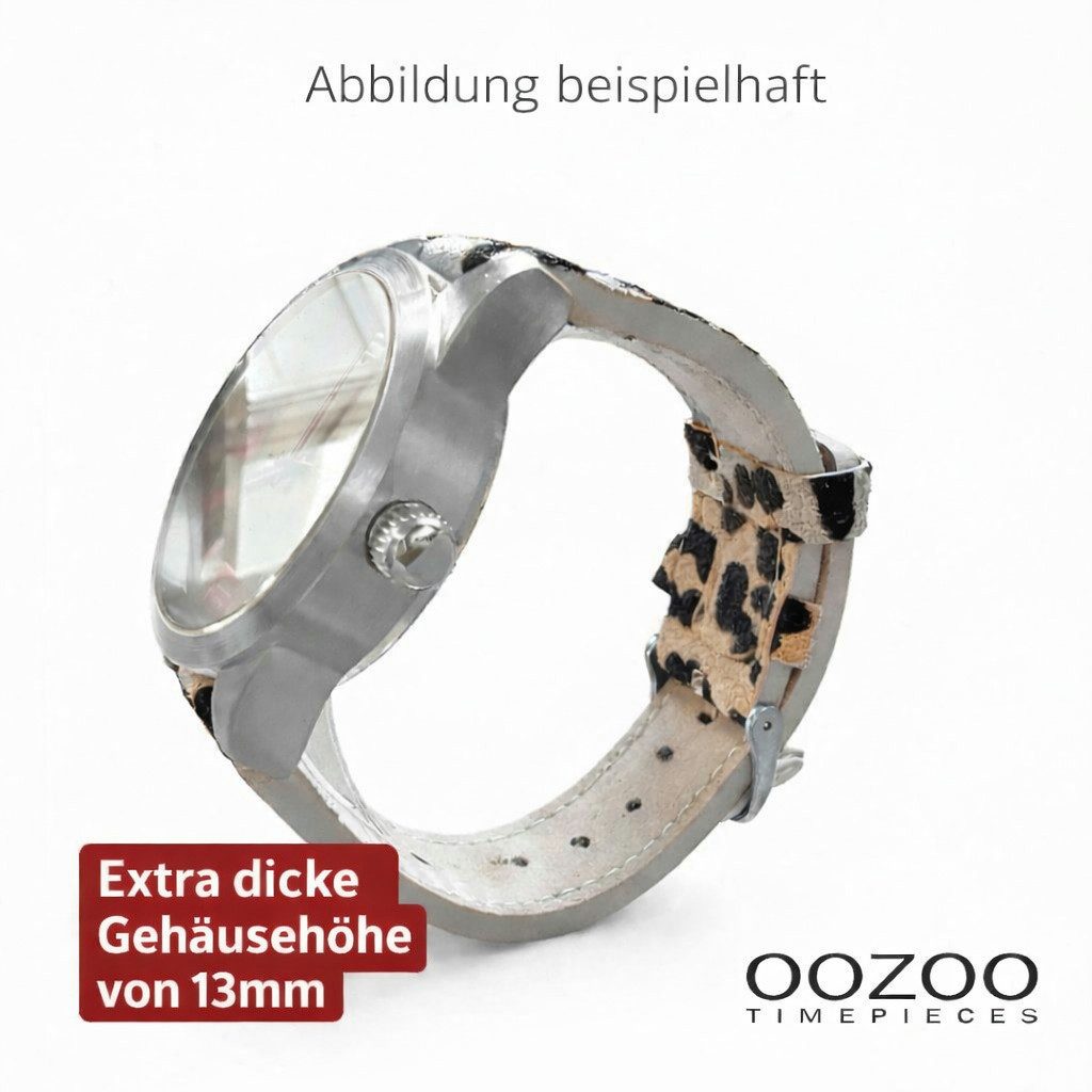 OOZOO Quarzuhr XXL Damenuhr C1097 - Quarzuhr in Gold mit taupefarbenem Lederarmband, im Animalprint, rundes Gehäuse, 46 mm