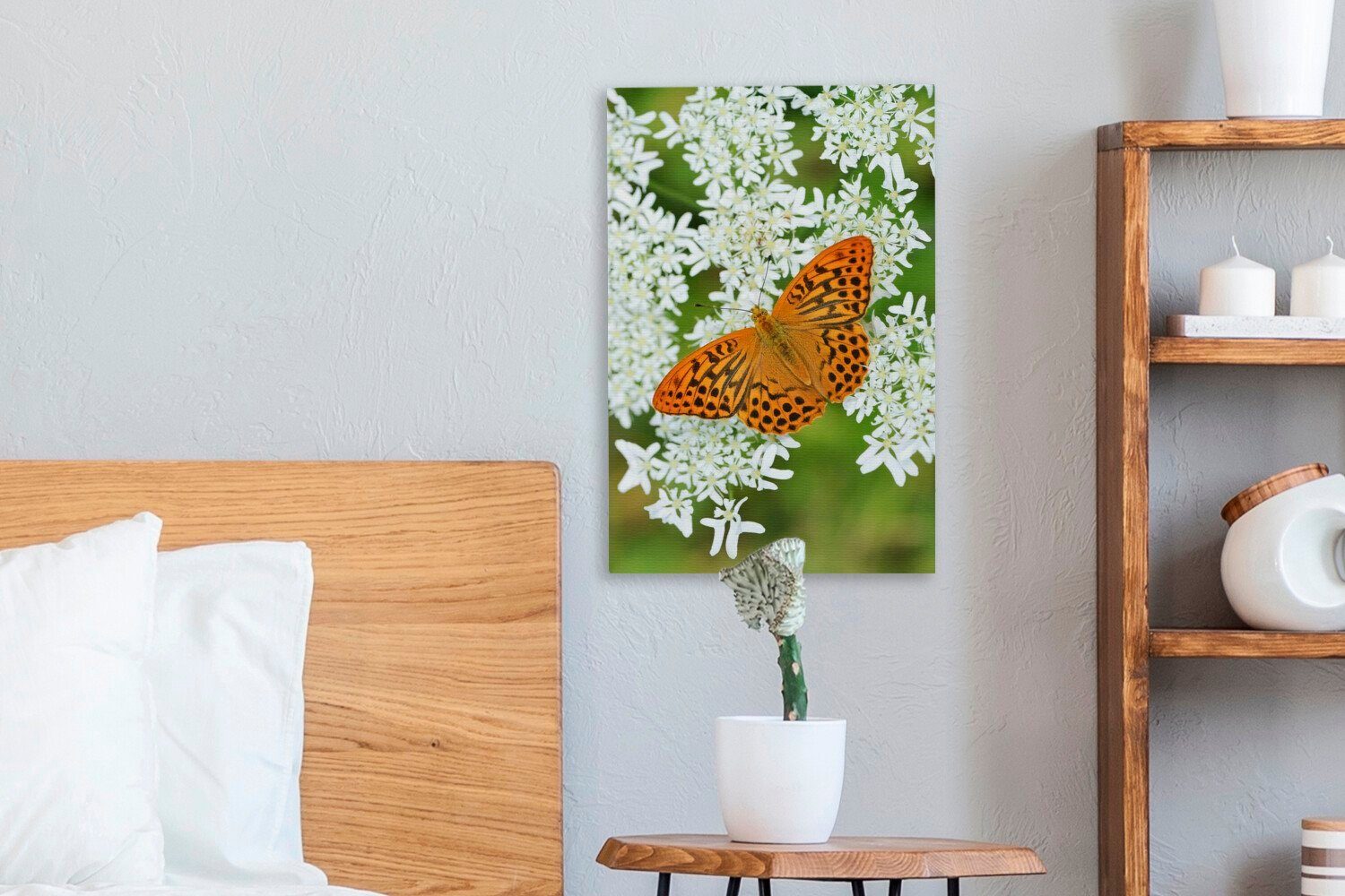 OneMillionCanvasses® Leinwandbild Ein orangefarbener Zackenaufhänger, inkl. einem gelandet, Schmetterling 20x30 Leinwandbild Gemälde, Kerbel fertig ist auf St), bespannt cm (1