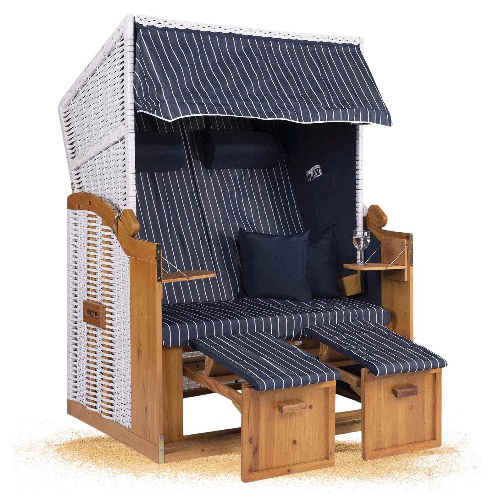 Strandkorb Hanse Strandkorb Strandkorb Ostsee XXL 120 cm Blau Weiß Gestreift, BxTxH: 120x110x160 cm, Volllieger, Ostsee-Modell, (1-tlg), Stabiles Wacholder mit handgefertigtem Polyrattangeflecht