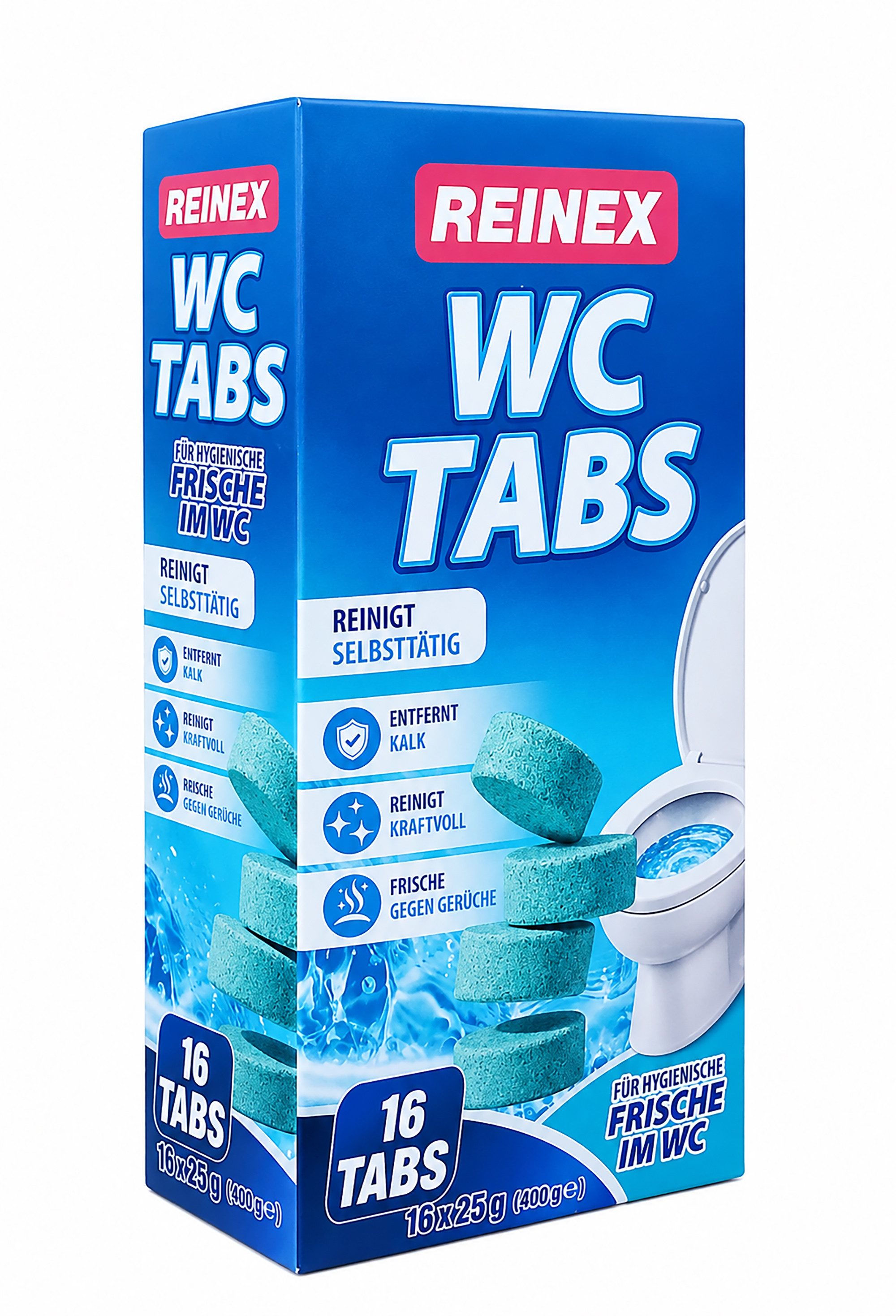 Reinex 16x WC-REINIGER TABS Toilettenreiniger Hygienereiniger 08 WC-Reiniger (Urinstein- Kalklöser Toiletten Kalk Entferner)