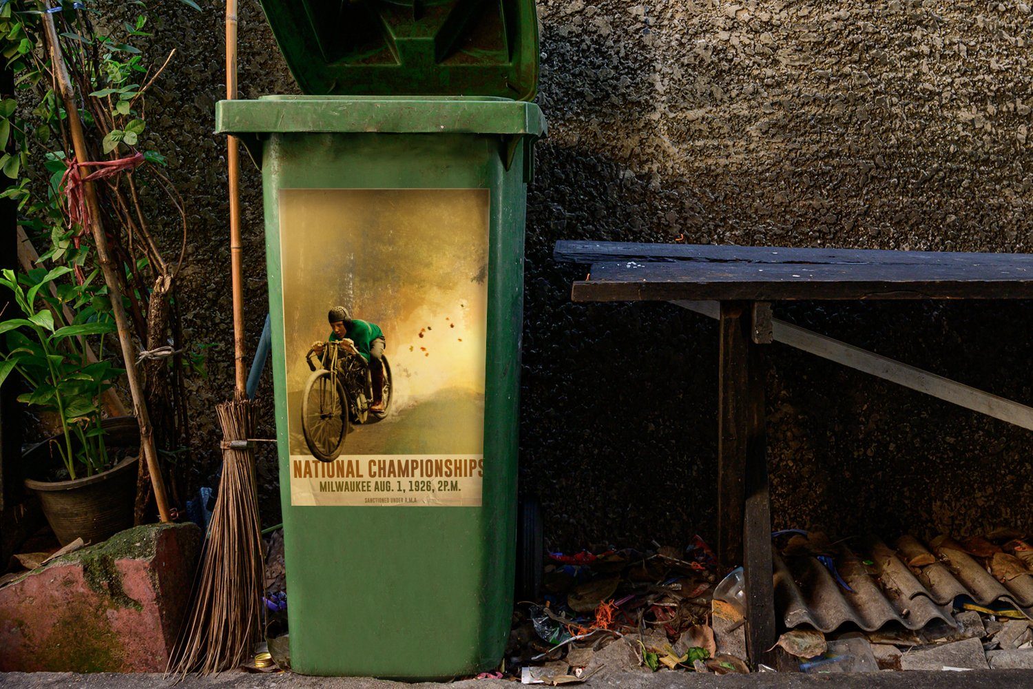MuchoWow Wandsticker Mancave - Motorrad Rennen Vintage - (1 Mülltonne, Sticker, St), Container, Abfalbehälter Mülleimer-aufkleber, 