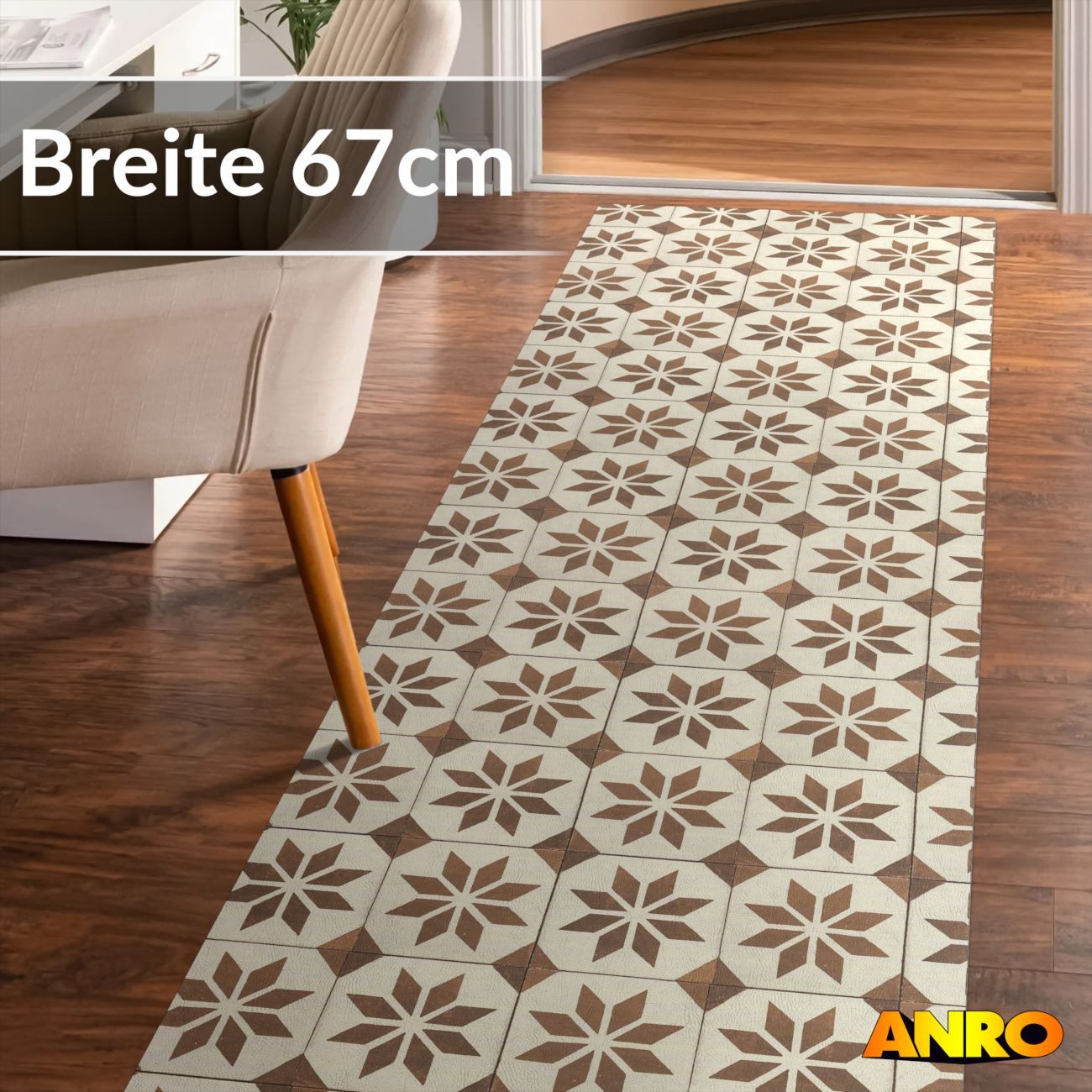 ANRO Küchenläufer abwaschbar BOHO LADY Läufer pflegeleicht Küchenteppich, Rechteckig, Höhe: 3 mm, robust schmutzabweisend 67x100cm Mediterranean Braun robust