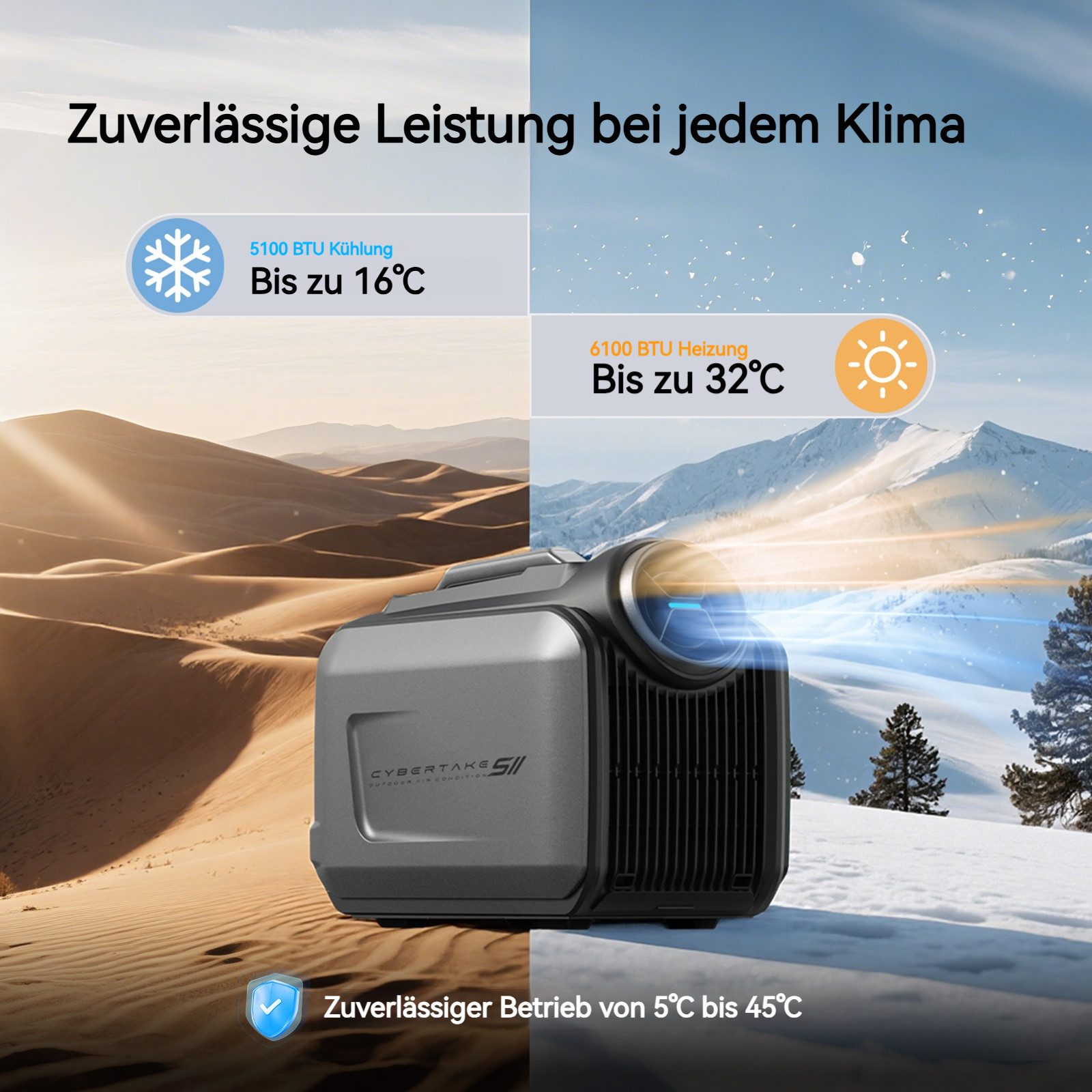 CYBERTAKE Klimagerät S2Pro Outdoor-Klimaanlage, 5100 BTU Kühlung/6100 BTU Heizung, 4-in-1, 12h Timer, für Zuhause, Reise, Haustierzimmer & Camping