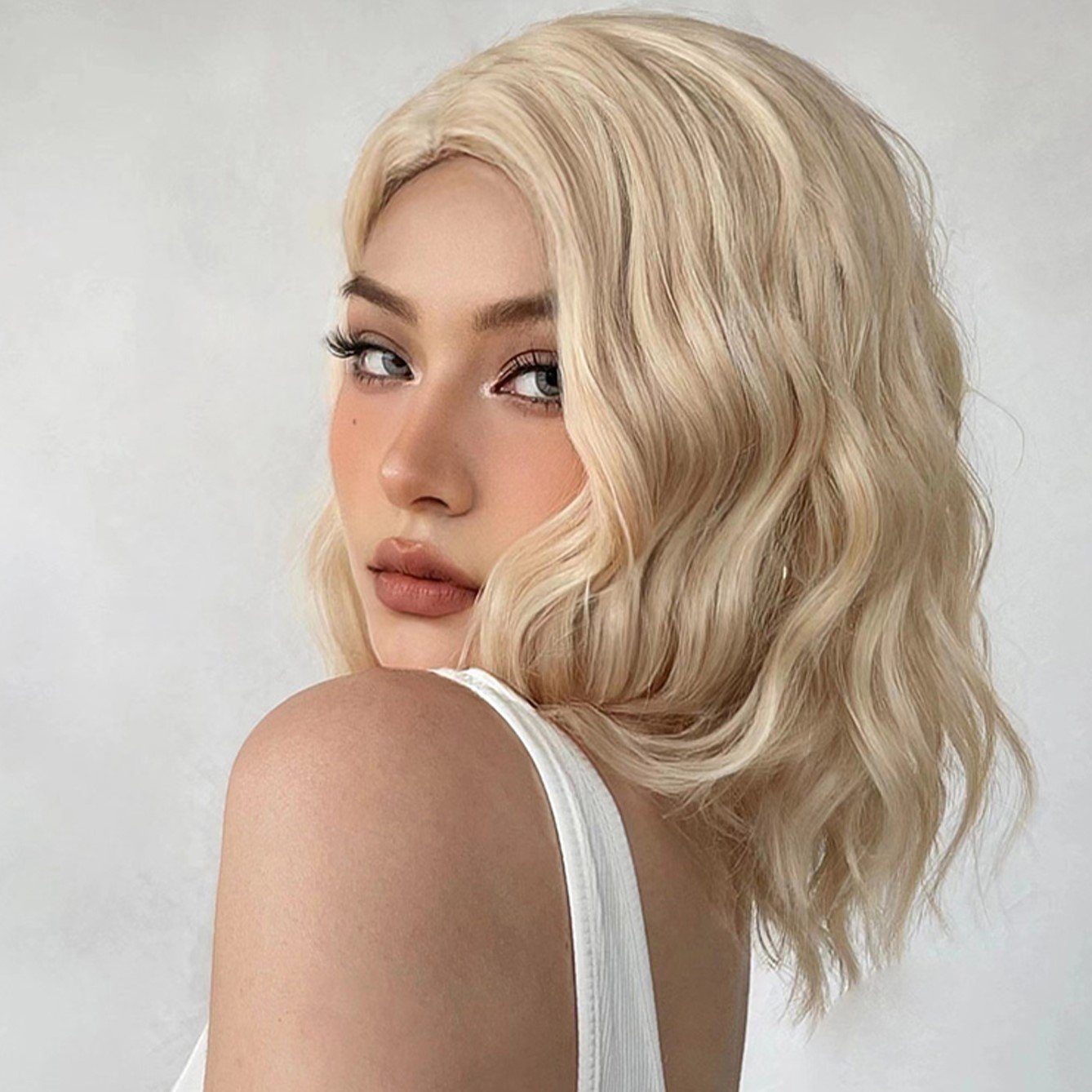Püke Kunsthaarperücke Natürliche platinblonde für Frauen,14inch Weiß Haar Perücke,kurzes,lockiges