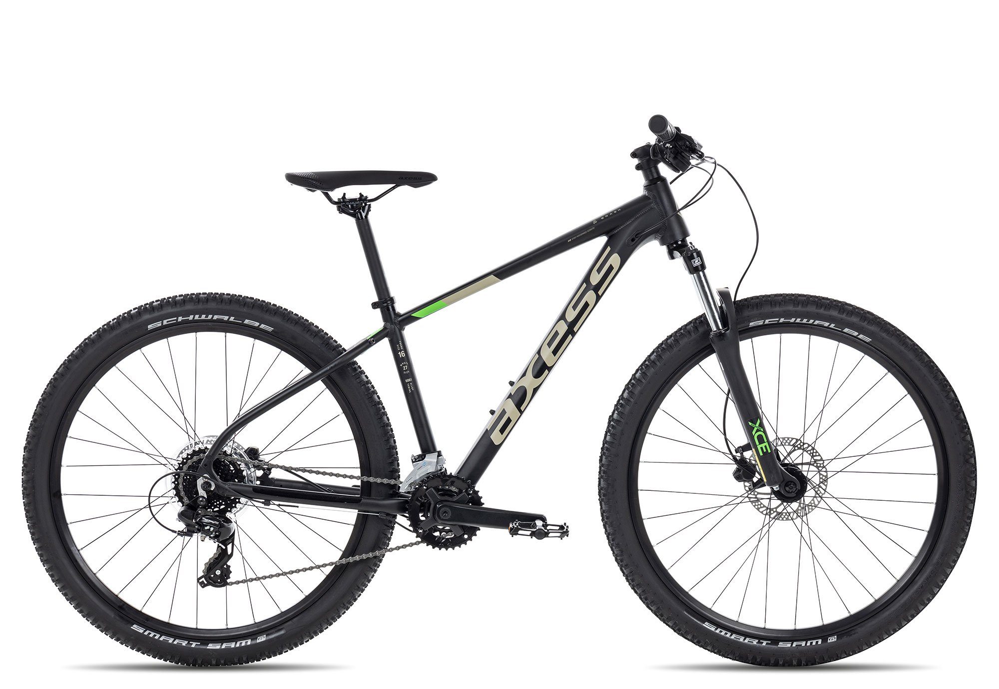 Axess Mountainbike BRASH 2023, 16 Gang Shimano RD-TX800- 8 Schaltwerk, Kettenschaltung, MTB-Hardtail schwarz/grau matt black