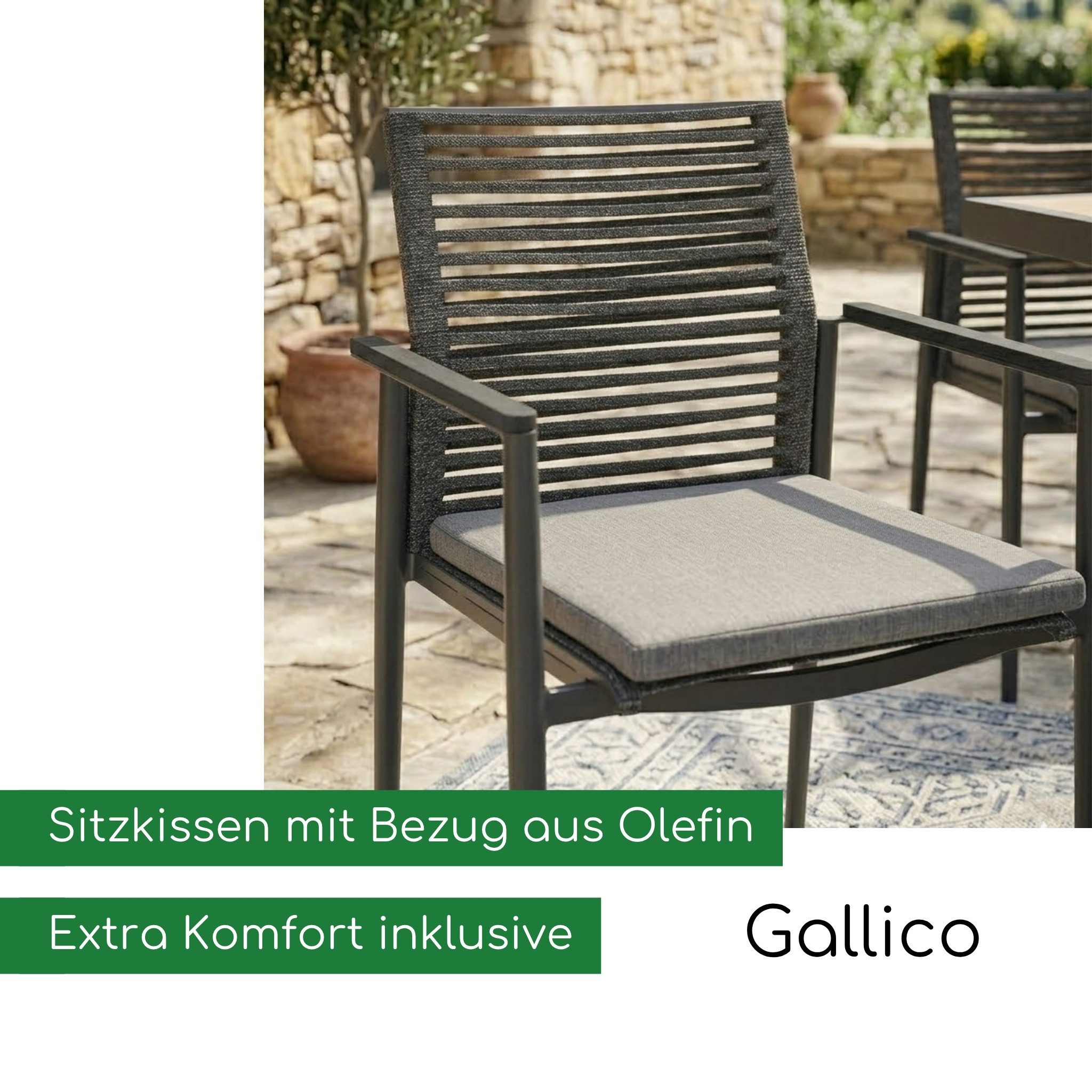 CASA DOMA Gartenstuhl Gallico, Outdoorstuhl, Stapelstuhl, Rope-Gartensessel (inkl. Sitzkissen), Armlehnen mit Aluminium-Auflage, Sitzfläche Textilgewebe