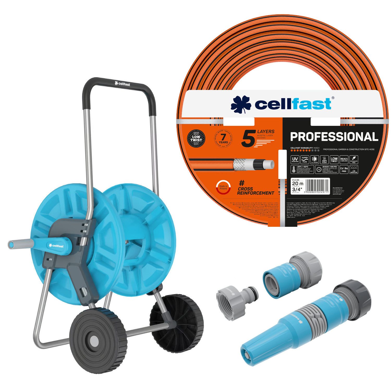 Cellfast Schlauchwagen mit Schlauch 3/4'' 20 m + Set mit geradem Sprühkopf 3/4" IDEAL, Garten- und Bauschlauch PROFESSIONAL