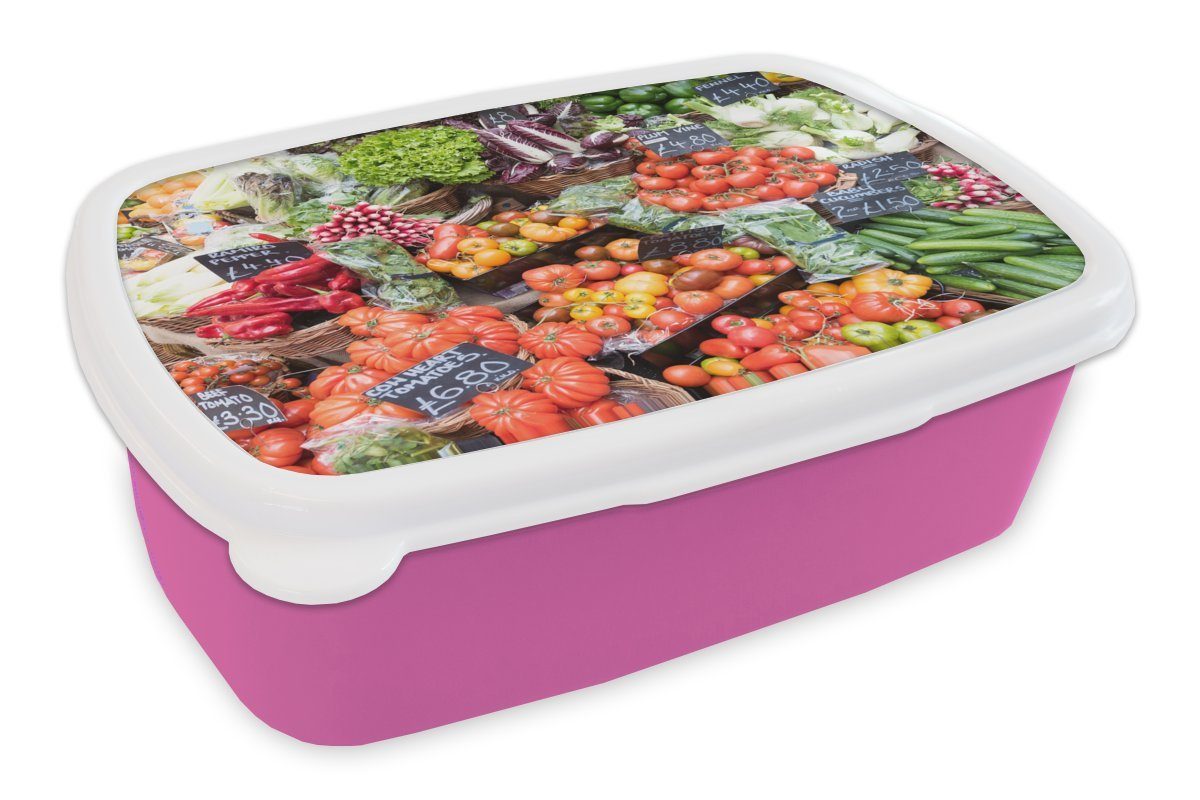 MuchoWow Lunchbox Markt - Obstkisten - Gemüse, Kunststoff, (2-tlg), Brotbox für Erwachsene, Brotdose Kinder, Snackbox, Mädchen, Kunststoff rosa