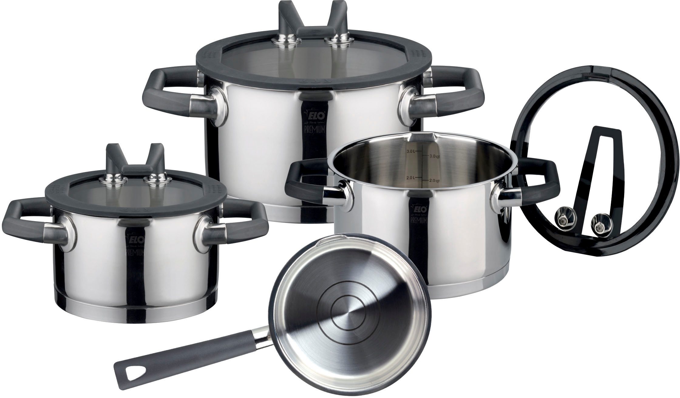 Elo Premium Topf-Set Rondello, Edelstahl 18/10, Edelstahl 18/8 (Set, 7-tlg., je 1 Fleischtopf Ø 16/20/24 cm, 1x Stieltopf Ø 16 cm), mit integriertem Öl-Dosiersystem, Induktion