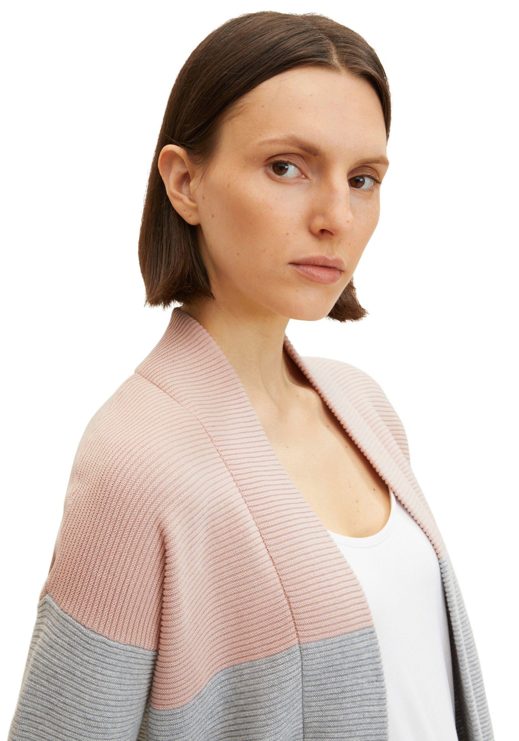 Taschen Rippstrick aus Longstrickjacke TOM TAILOR rosa-grau-colorblocking aufgesetzten mit