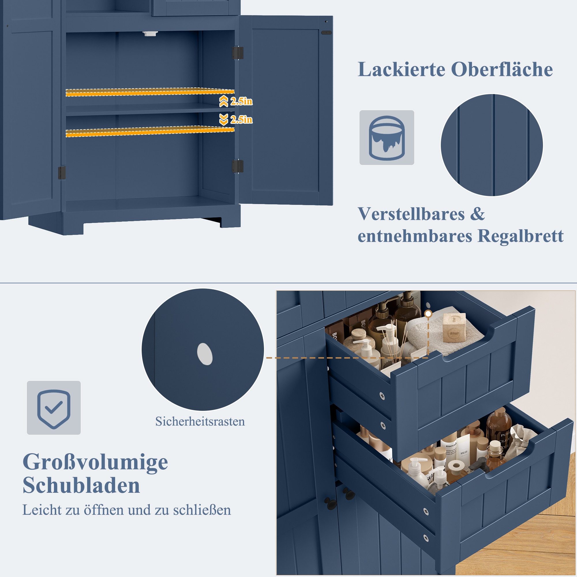 HOMECHO Hochschrank Badezimmerschrank mit 4 Türen 2 Schubladen für Wohnzimmer Küche Esszimmer Büro 164.5X 60x30cm