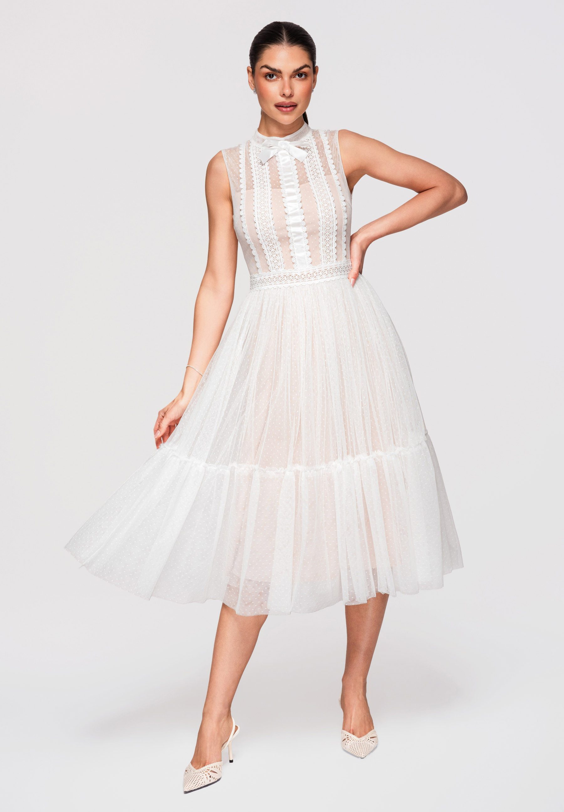 OMBRE Abendkleid Damen Midi Kleid Ausgestellt Elegant Weiß M (kein Set, 1-tlg) Dekorative Schleife am Ausschnitt, Koronkowy panel