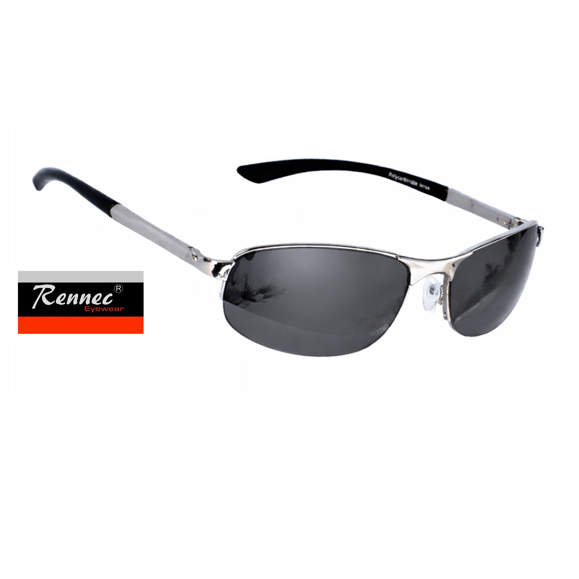 Rennec Sonnenbrille (Markenbrille mit Brillenbox und Brillenbeutel, schmale Metall Sonnenbrille Edelstahl mit Federscharniere) Halbrand Brille mit Federgelenke Blau Verspiegelt oder Schwarz Getönt