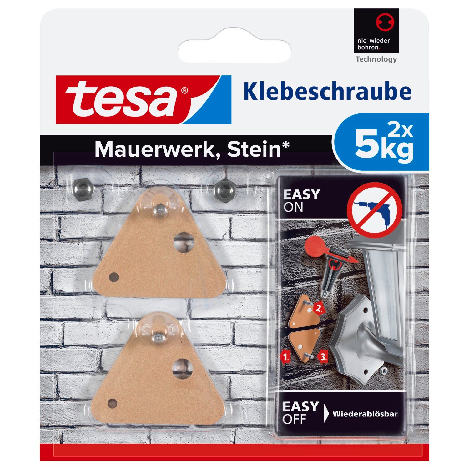 tesa Klebehaken 2x tesa Klebeschraube für Mauerwerk und Stein, Halteleistung 10 kg, Dekoration, Leinwände, Bilder, Girlanden, Lichterketten, (Packung, 2-St., 2 Stück), Klebeschraube max. 5 kg Haltekraft - Mauerwerk & Stein - 2er Pack