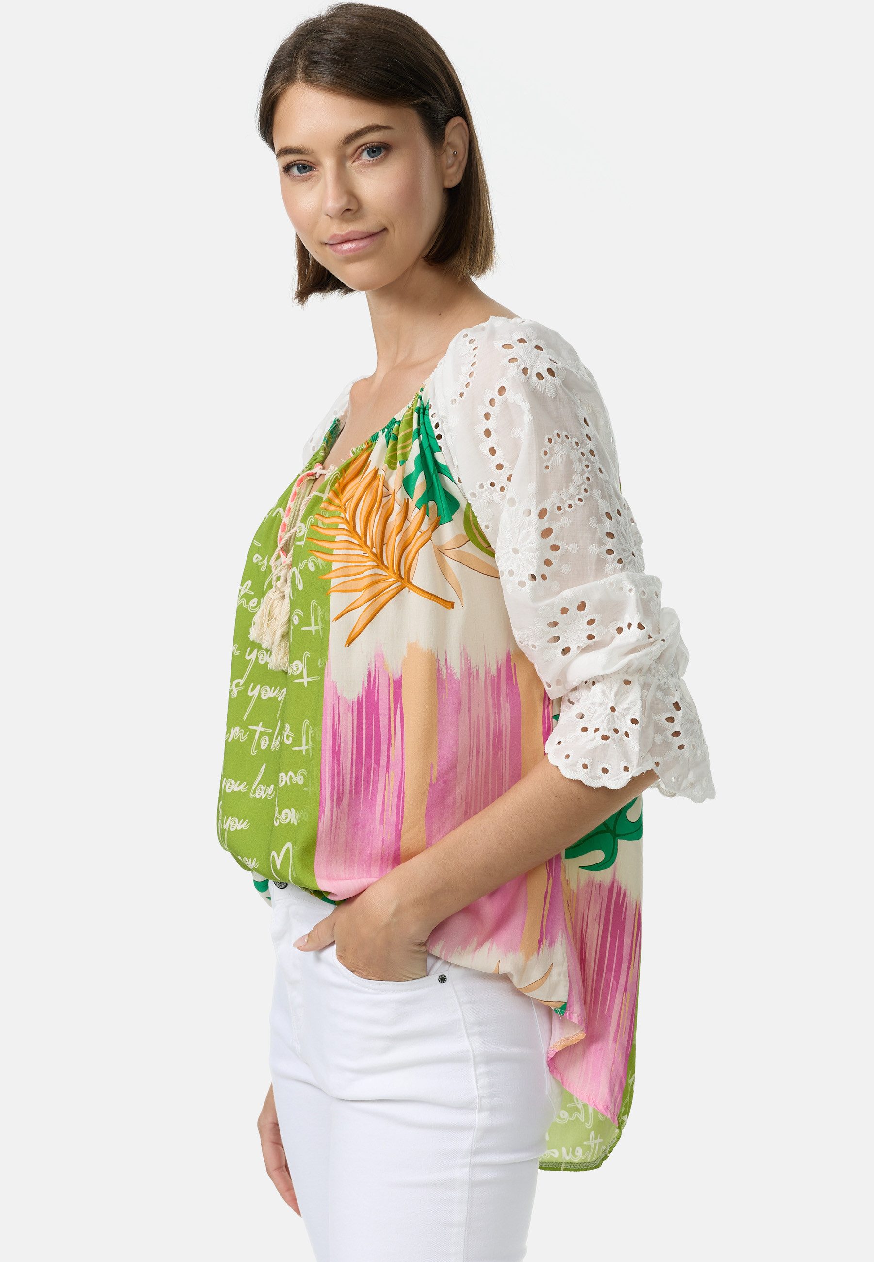 Rayshyne Carmenbluse PM61 (Verspielte Tunika Bluse mit Spitzenärmeln) Spitzenärmel, Materialmix, Mustermix, Schulterfrei tragbar