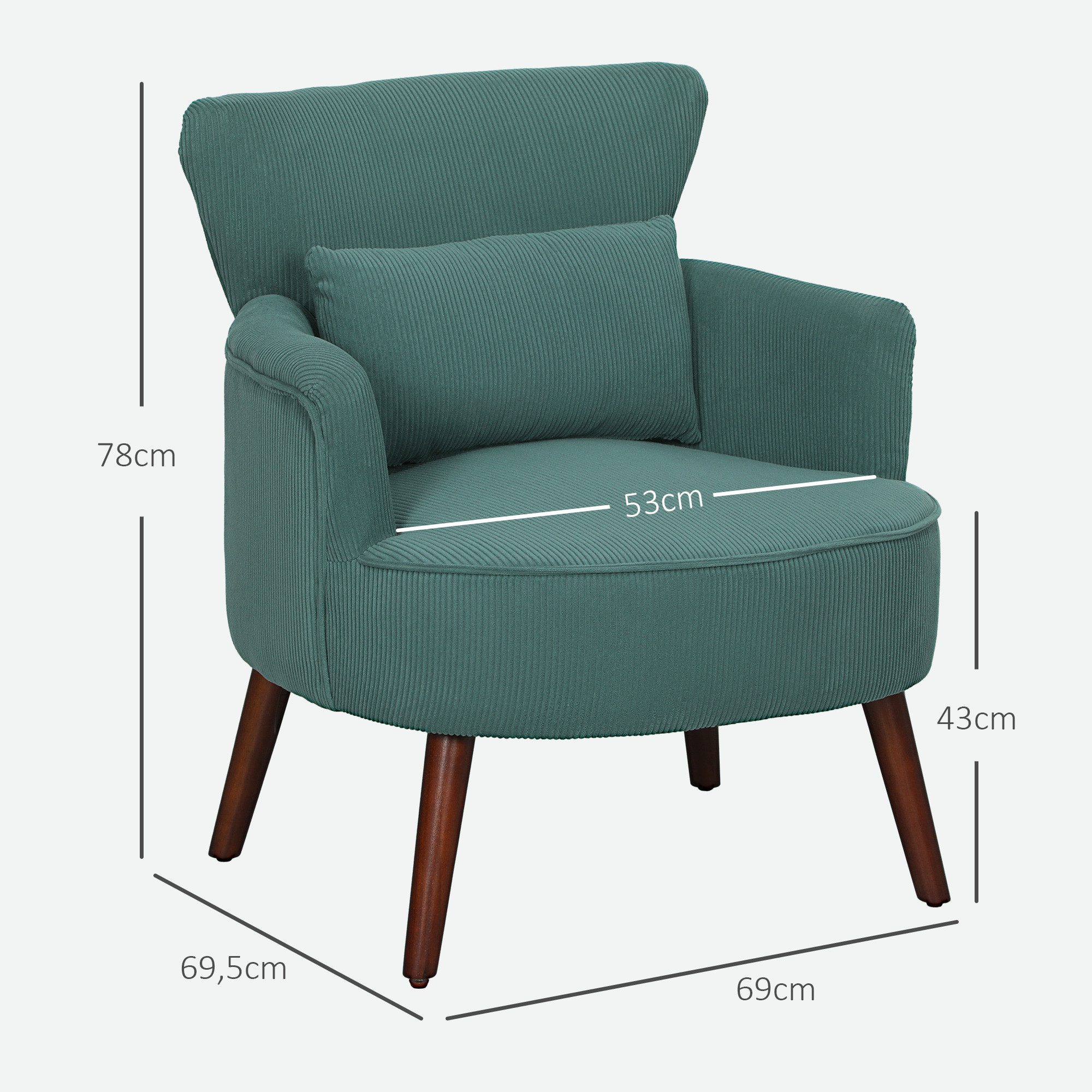 HOMCOM Sessel Polstersessel, Armlehnensessel mit Armlehnen und Kissen (Loungesessel, 1-St., Einzelsessel), für Schlafzimmer, Wohnzimmer, bis 120 kg, Dunkelgrün