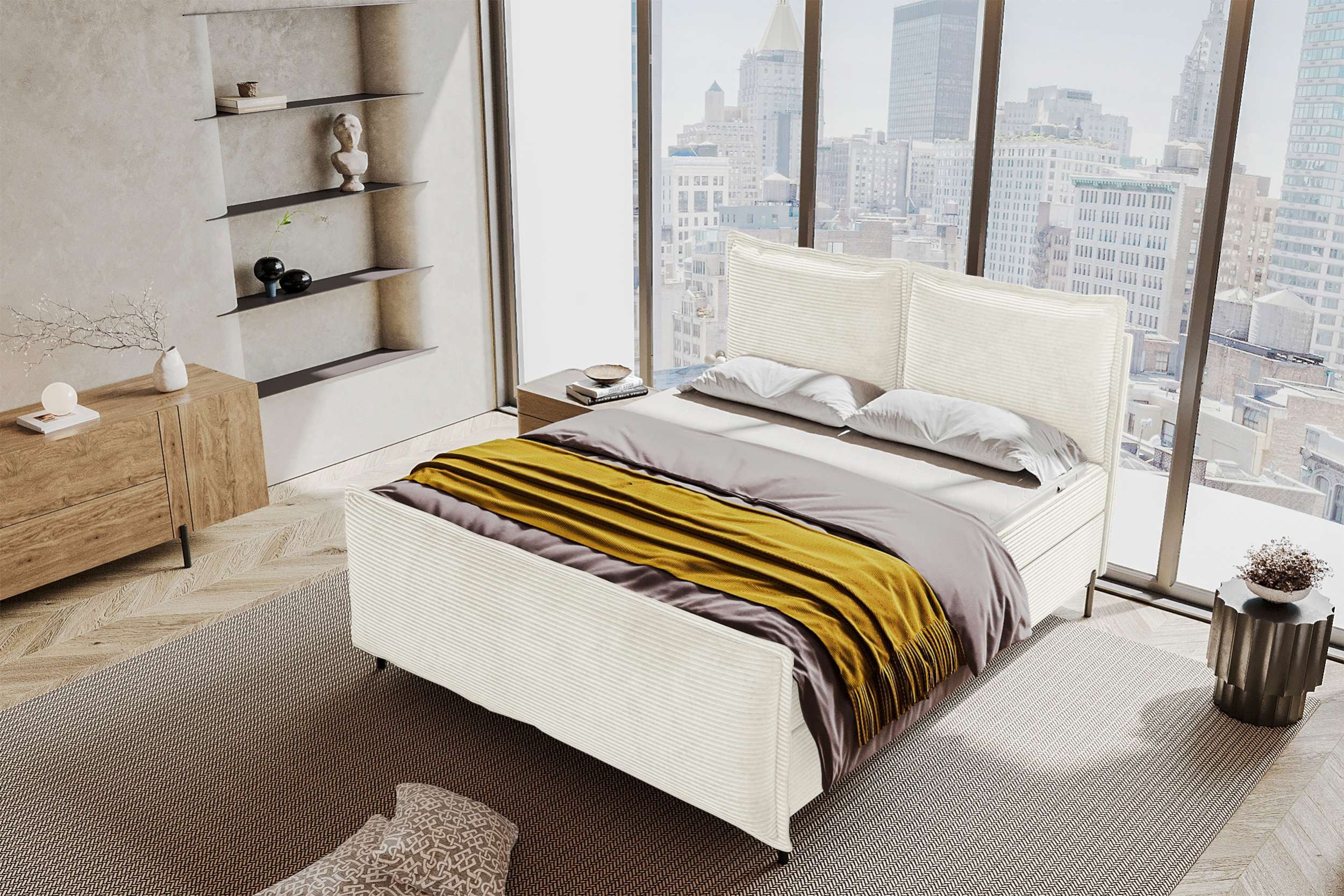 99rooms Boxspringbett Vero Plus (Schlafzimmerbett, Bett), 140/160/180/200x200 cm, in Cord POSO, mit Topper, Bettkasten