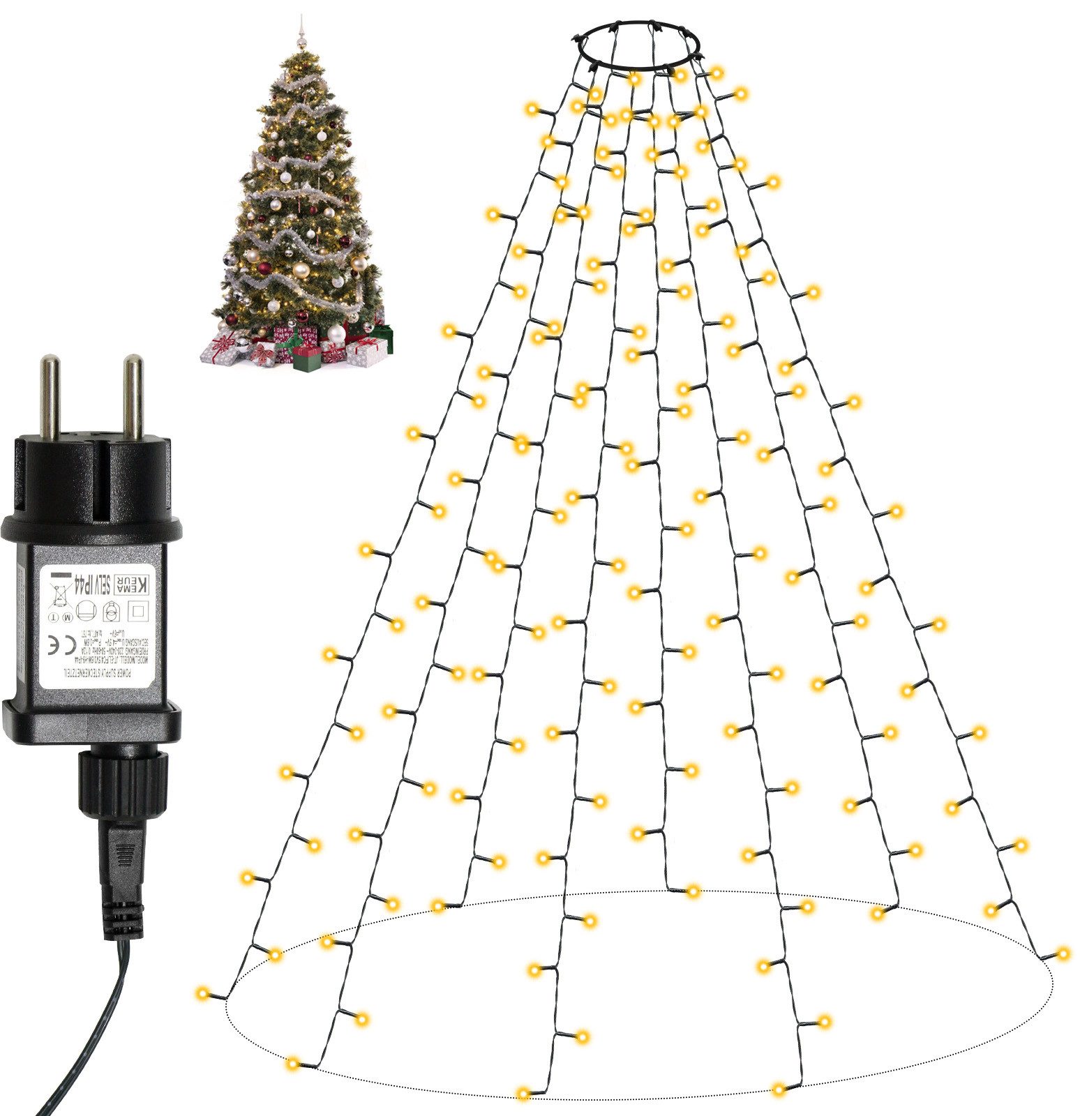 kisidus LED-Lichterkette led lichterkette weihnachtsbaum mit ring und 8 Girlanden,2M,8 Modi, 280-flammig, LED Weihnachtsbaum-Überwurf-Lichterkette für 120cm-210cm Tannenbaum