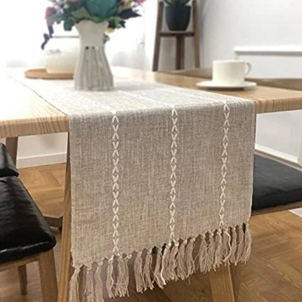 Blusmart Tischläufer Klassische Tischfahne im nordischen Stil (Tischdecke mit Quasten im Boho-Landhausstil 1-tlg, Handgefertigte Quasten, waschbar), Geeignet al – Bild 5 von 5