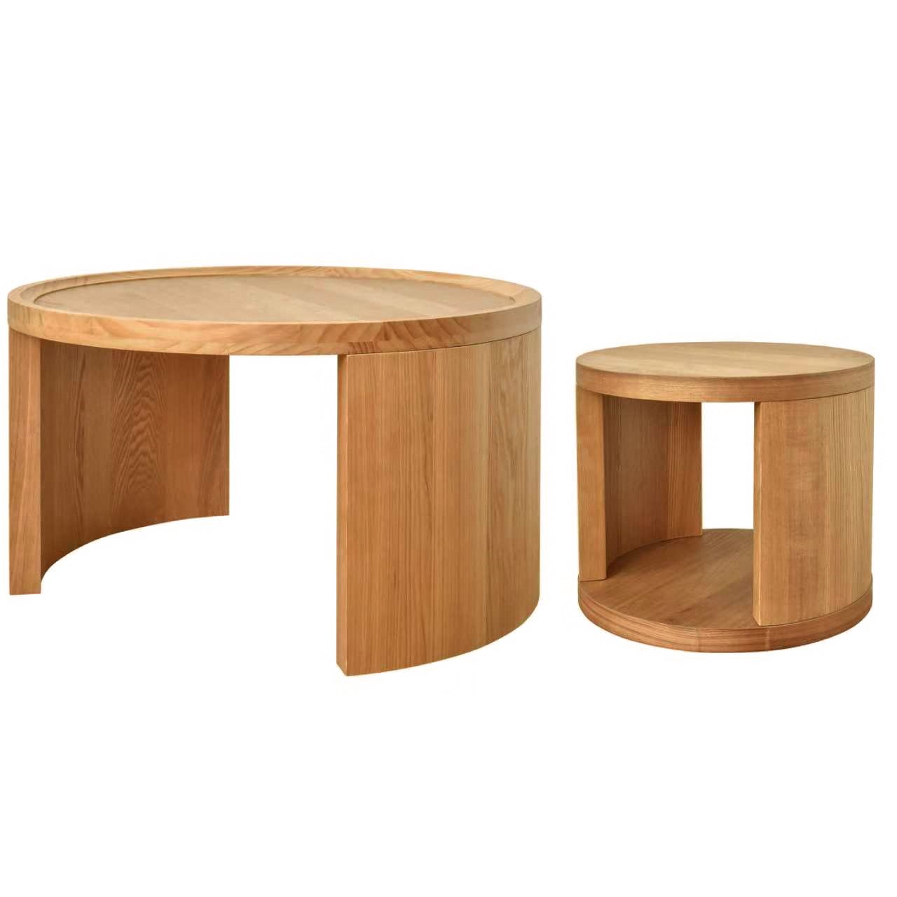 Cagnolier Couchtisch Rund 2er Set aus Holz, Moderner Wohnzimmertisch Ø80+Ø46 cm (2-St), Runder Sofatisch mit Stauraum, Kaffeetisch & Beistelltisch in Natur
