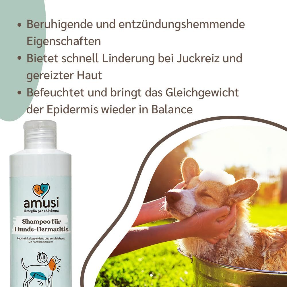 Amusi Tiershampoo Dermatitis-Hundeshampoo sensitiv mit Duft - Hergestellt in Italien, 250 ml, (Hundeshampoo gegen Juckreiz, beruhigende Wirkung für empfindliche Kopfhaut), Ideal für alle Arten von Dermatitis