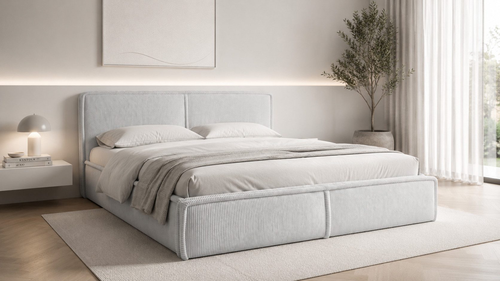 MOEBLO Polsterbett BETT 04 (Bezug: aus Cord, Doppelbett mit Kopfstütze, Rahmenbettgestell 140x200, mit Bettkasten und Lattenrost), mit Bettkasten
