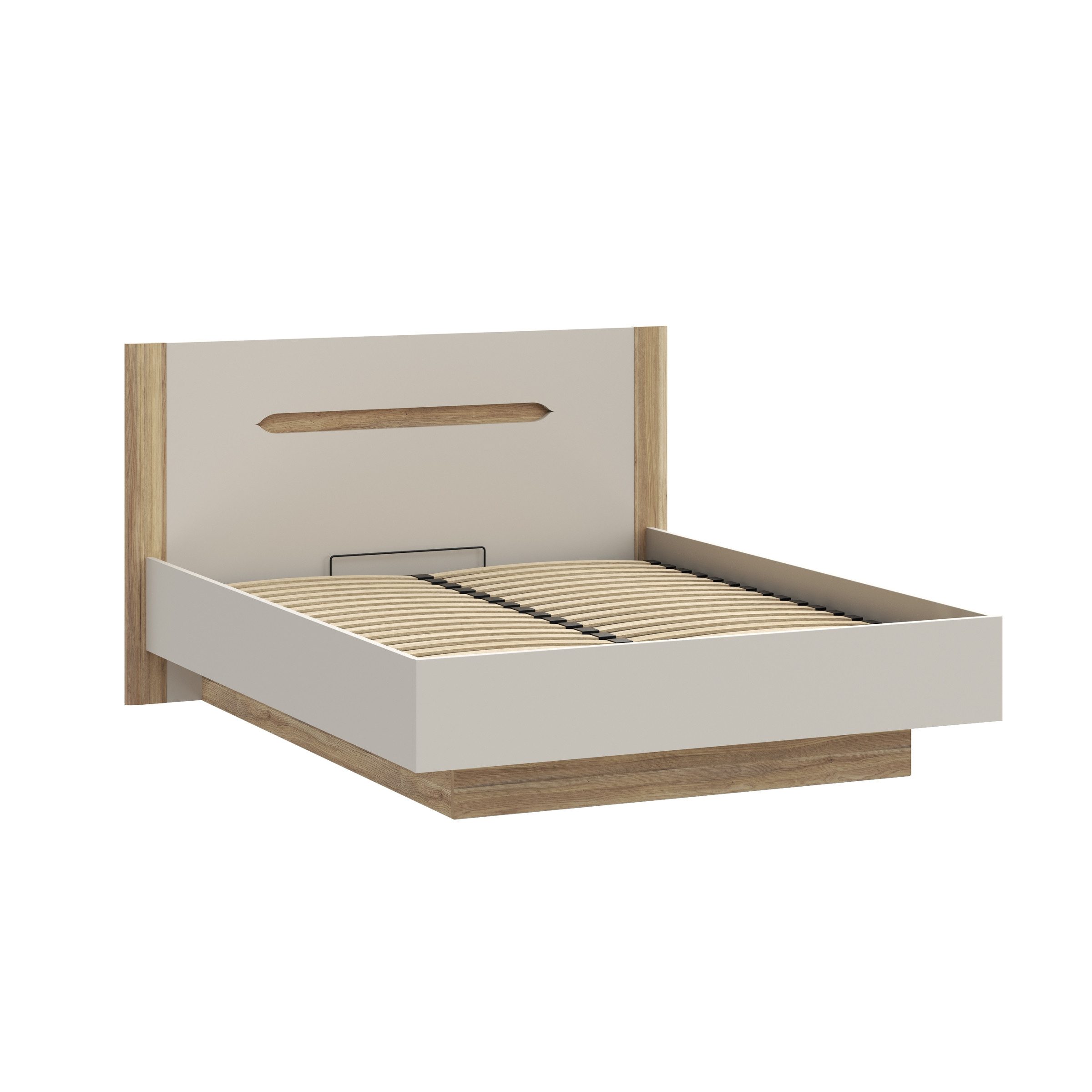 PREISBRECHER Stauraumbett EDWAL, Lift-Lattenrost, sandfarbig / Eiche Dekor - 176,2x105,7x206,6cm BxHxT