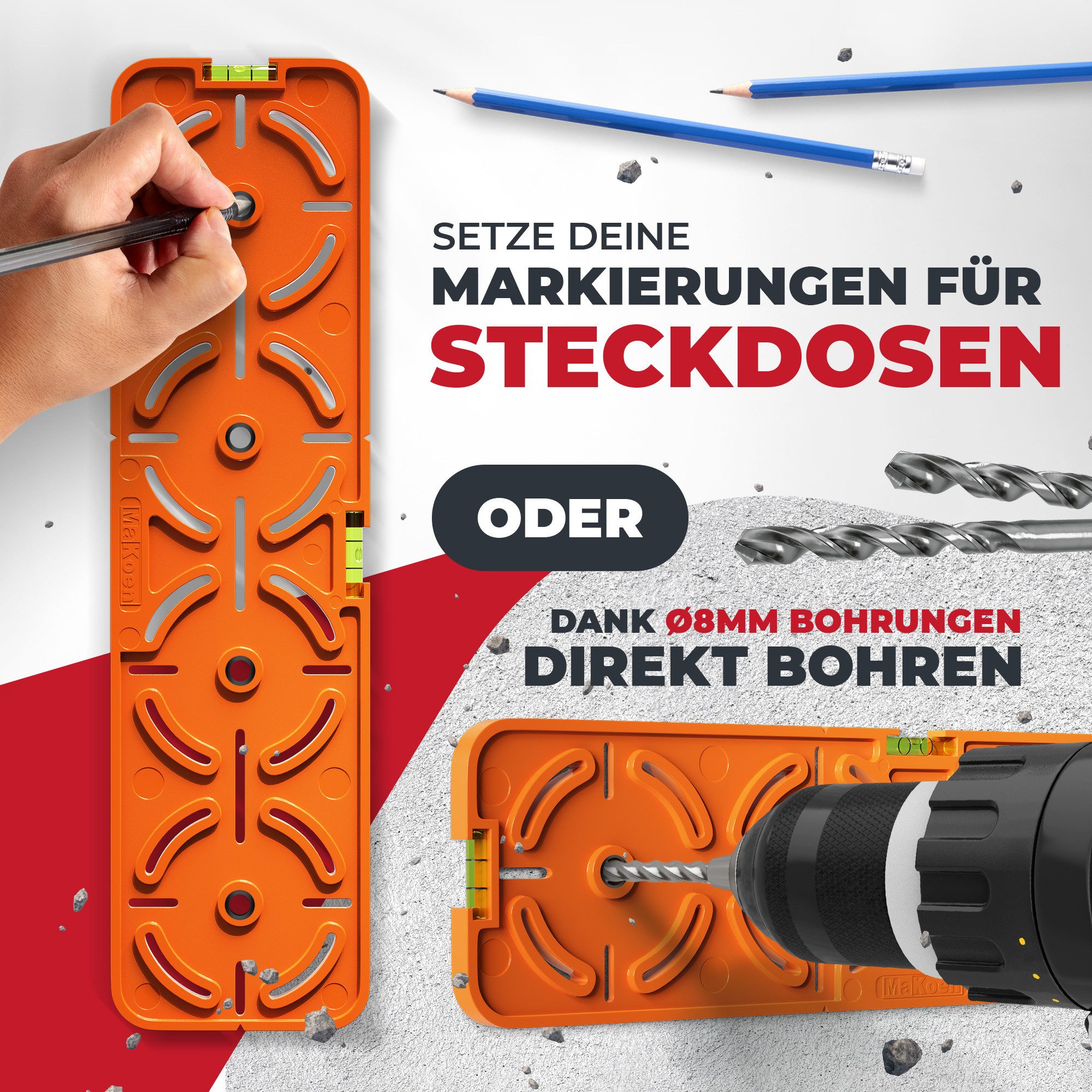 MaKoen Frässchablone Bohrschablone Steckdosen Hohlwanddosen 71mm Abstand mit Wasserwaage