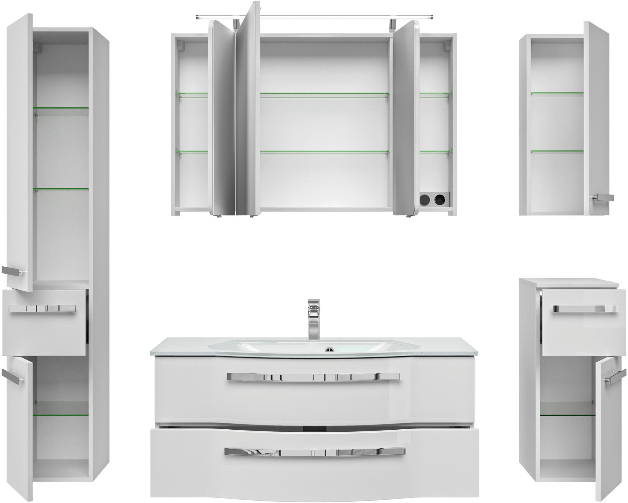 Saphir Badmöbel-Set Serie 4005, vormontiert, Glaswaschbecken, Spiegelschrank, (Set, 6-St), Badezimmer-Set mit Unterschrank, Hängeschrank, Hochschrank, Türdämpfer