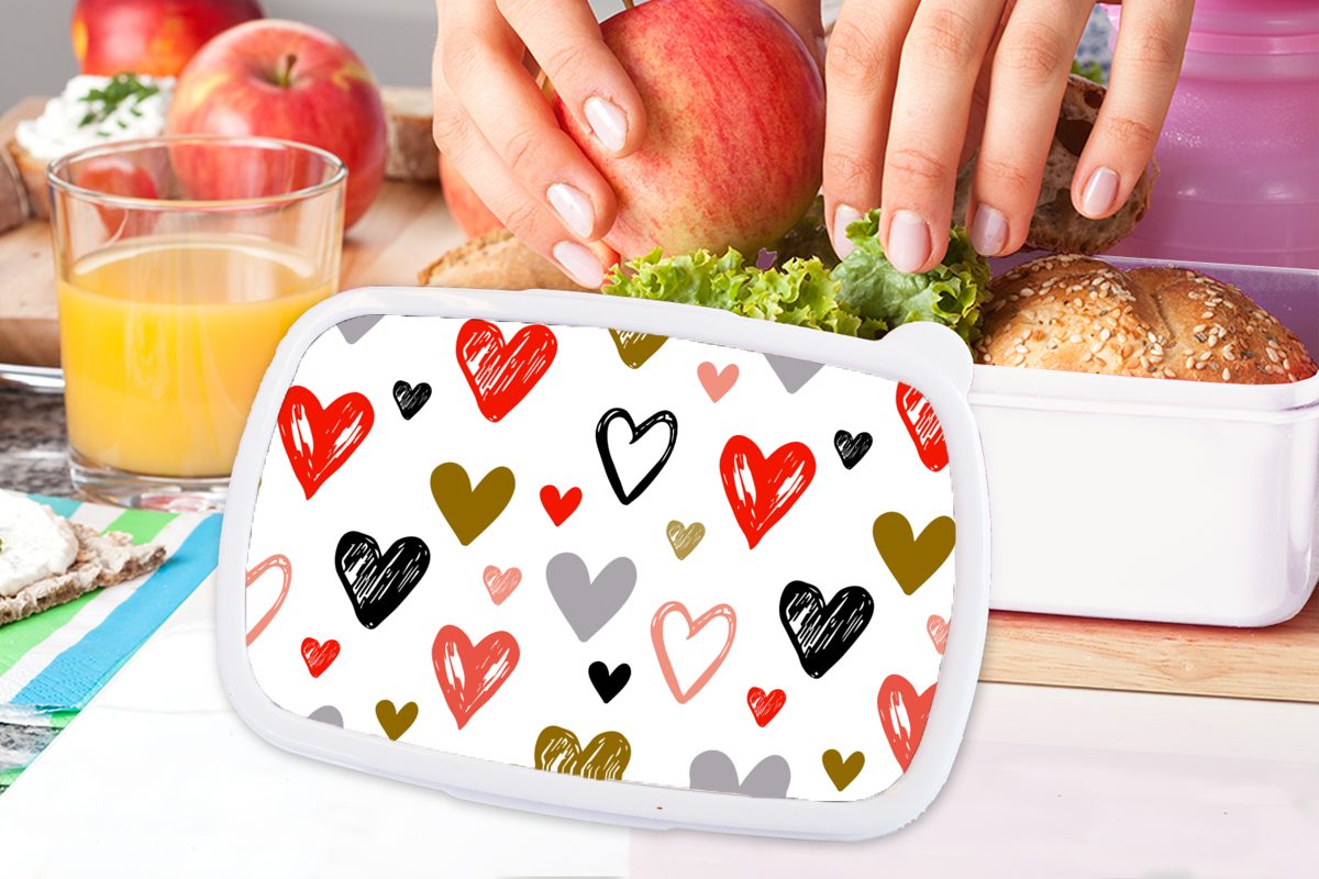 MuchoWow Lunchbox Herz - Skizze Jungs und Valentinstag, für Brotbox Mädchen Kunststoff, Erwachsene, weiß Brotdose, (2-tlg), Kinder und - für