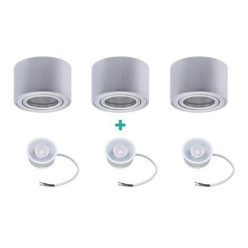 Oktaplex lighting LED Deckenstrahler 3 Stück Set Aufbauspots inkl. LED Module 4,8W 380 Lumen, schwenkbar, Leuchtmittel wechselbar, warmweiß, 3000 Kelvin 230V Höhe 50mm Alu gebürstet