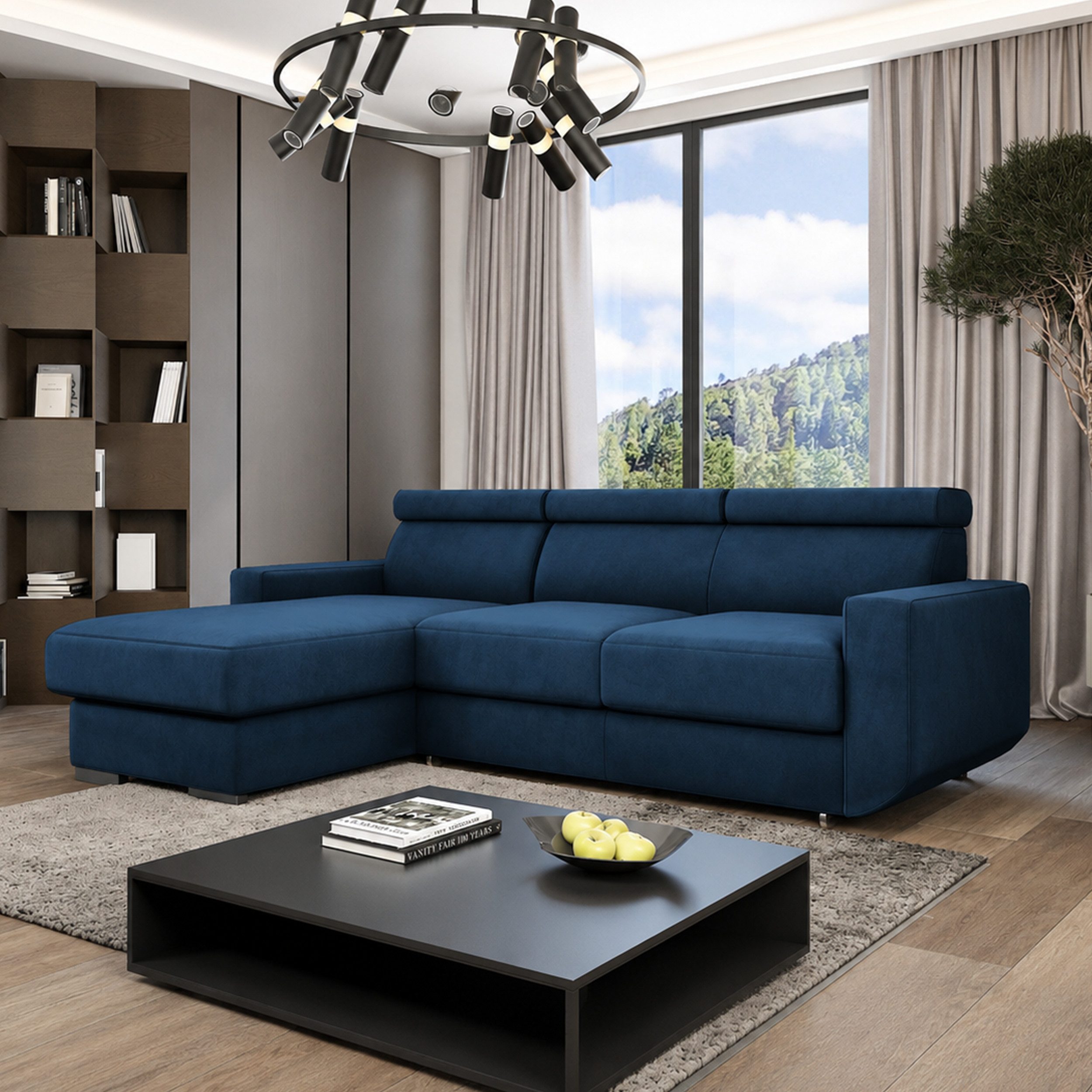 Goldstoff Ecksofa mit Schlaffunktion & Bettkasten "HUGO" verstellbare Kopfstützen, L-Form Couch mit Schlaffunktion und Bettkasten - Sofa, mit Relaxfunktion