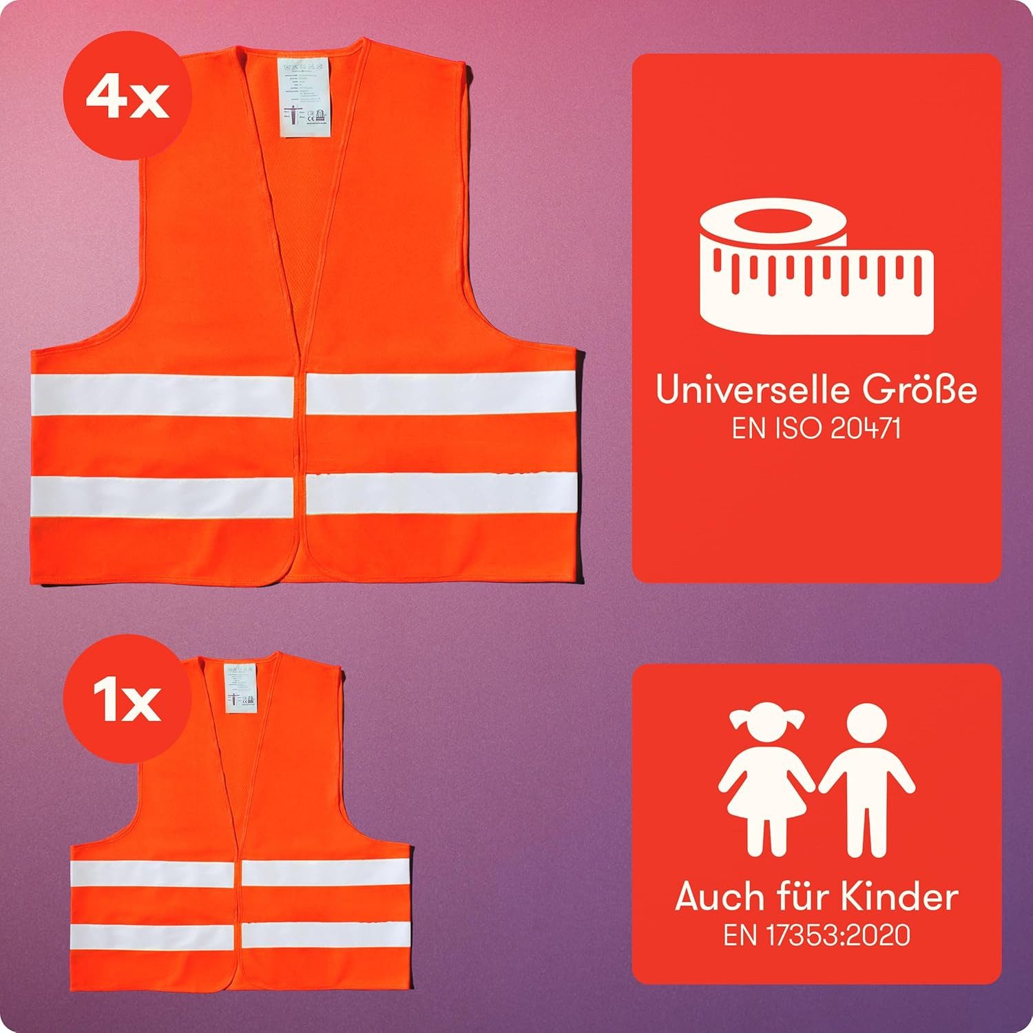 Purahelp Warnweste Auto 5er 4+1 Set Europaweit gültig nach EN ISO 20471 (Reflektierende Sicherheitsweste inkl. Kinderweste, 5-tlg) Auto Warnweste Orange - Warnschutzweste