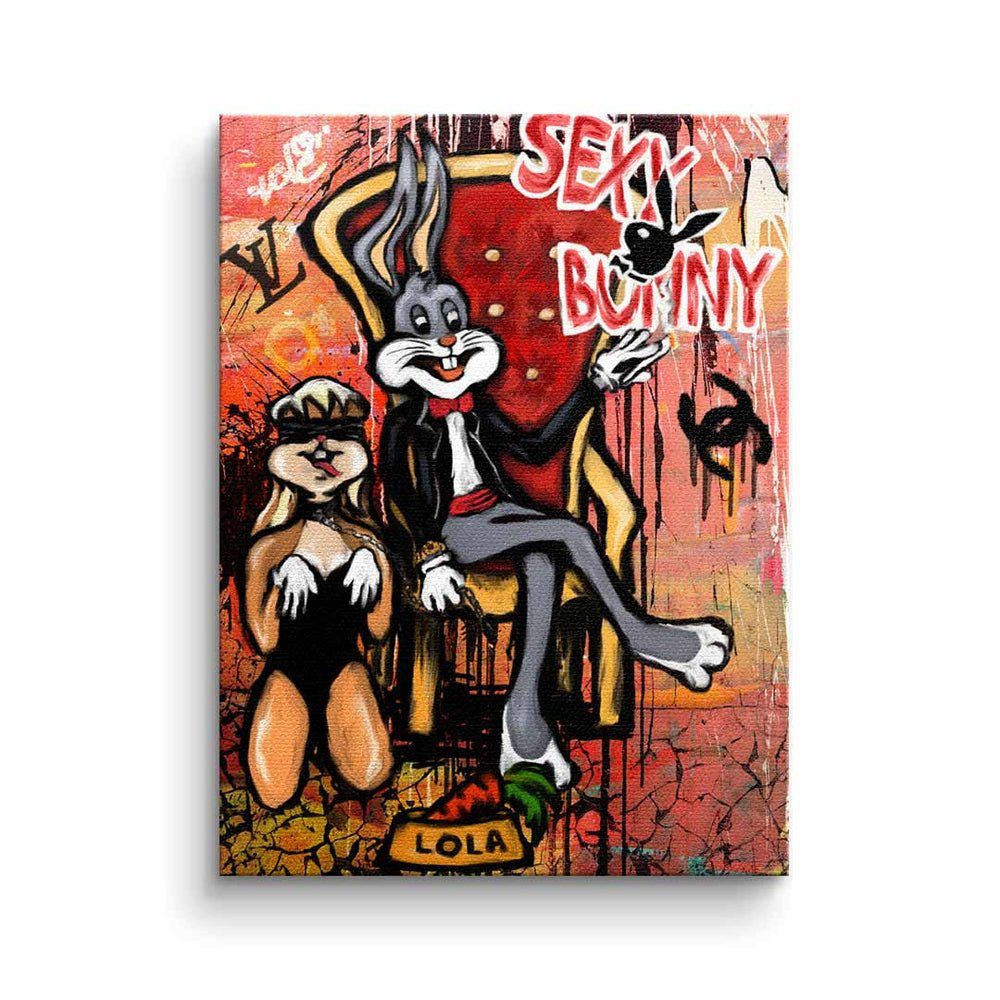 DOTCOMCANVAS® Leinwandbild, Leinwandbild Bunny Bugs mit Rahmen Lola Lola Sexy Bunny Pop Playboy premi Art goldener