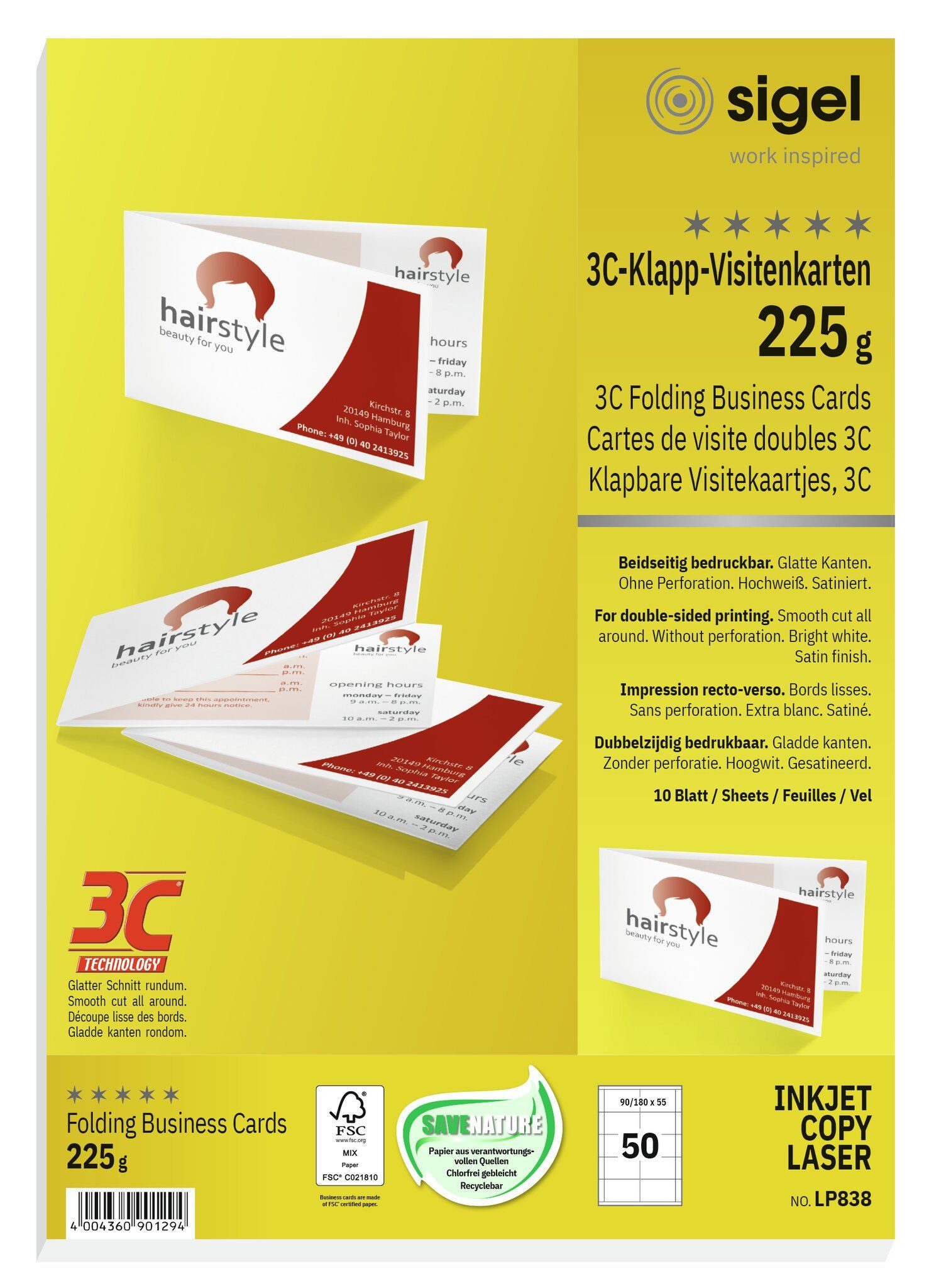 Sigel Visitenkartenhülle SIGEL LP838 Klapp-Visitenkarten - hochweiß - 225 g/m² - 50 Karten